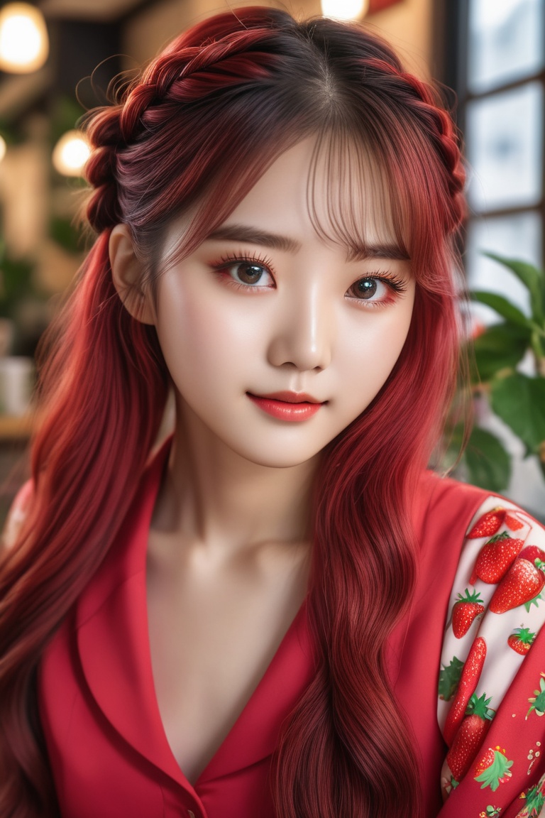 A majestic 20-year-old beauty sits in a charming Korea-inspired café,  her stunning multicolored locks styled in a high-en...