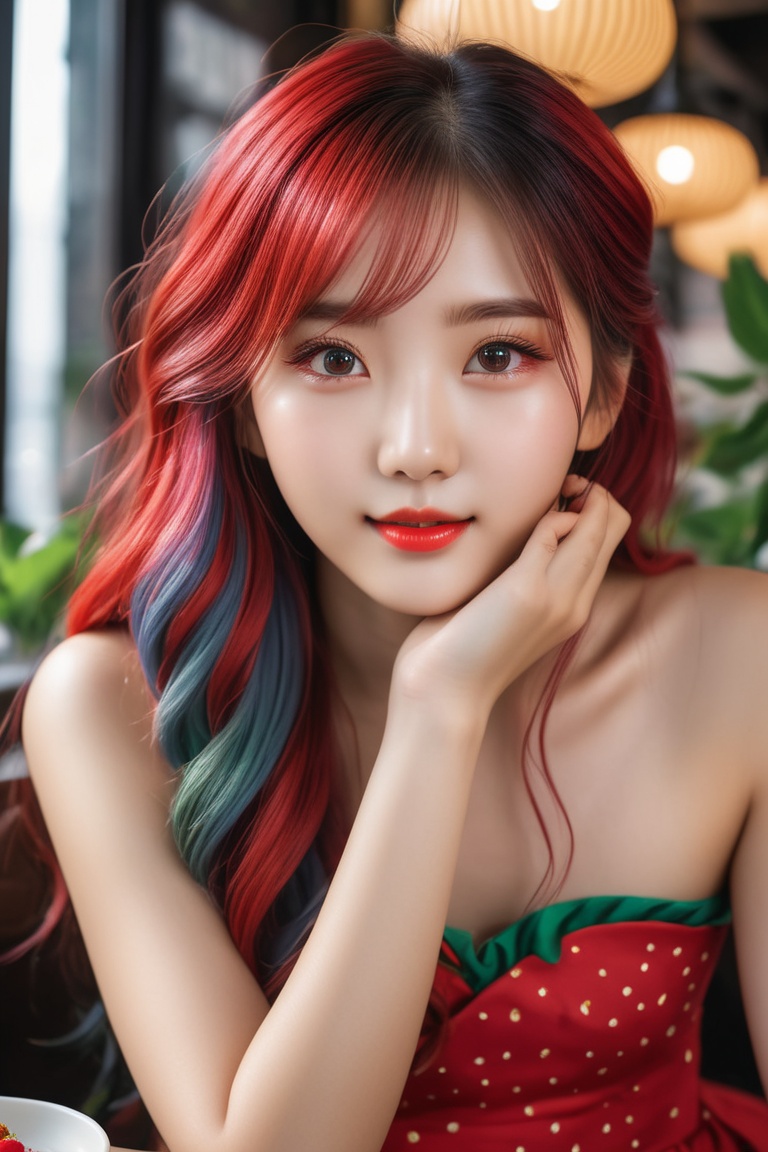 A majestic 20-year-old beauty sits in a charming Korea-inspired café,  her stunning multicolored locks styled in a high-en...