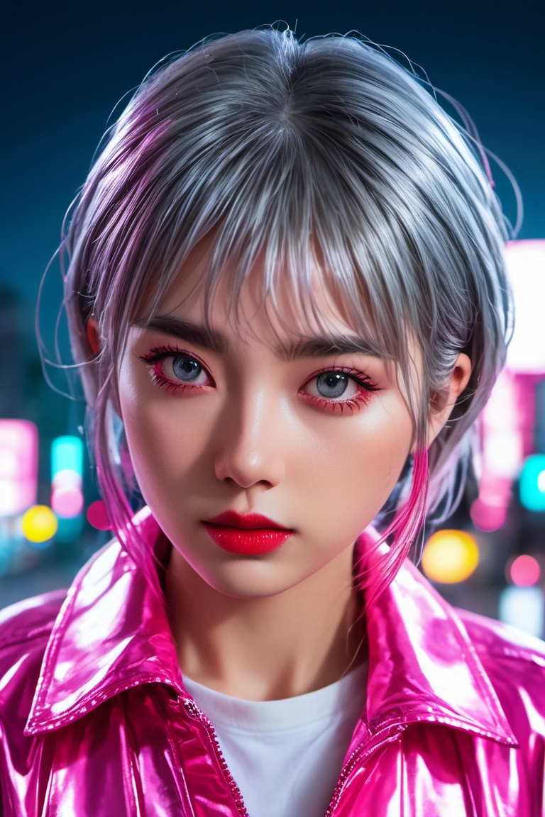 Lucy stands alone on a rainy night in a cyberpunk city,  surrounded by the hum of neon lights. Her silver hair is styled i...