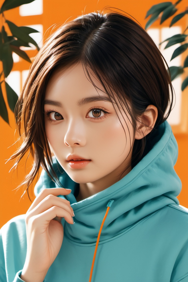 Design a vector illustration of a stylish girl in a hoodie,  watching outside through her room's window. She should be wea...
