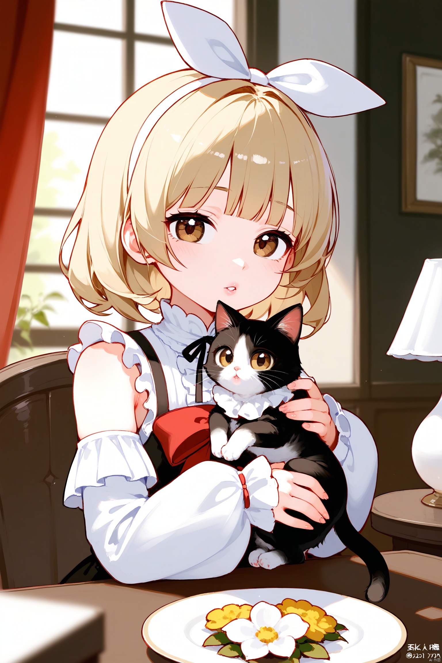 score_9,score_8_up,score_7_up,ultra detailed, hdr, Depth of field, (colorful),Artist:ask (askzy),[Artist:sheya],[Artist:chen bin],loli,1girl, cat, dress, weibo username, weibo logo, holding, solo, looking at viewer, sitting, indoors, long sleeves, blonde hair, holding animal,animal, shirt, brown eyes, white shirt, bow, flower, holding cat, hairband, table, parted lips, frills, hair bow, curtains, blunt bangs, medium hair, brown hair, watermark, frilled dress, short hair, sleeveless dress, upper body, lips