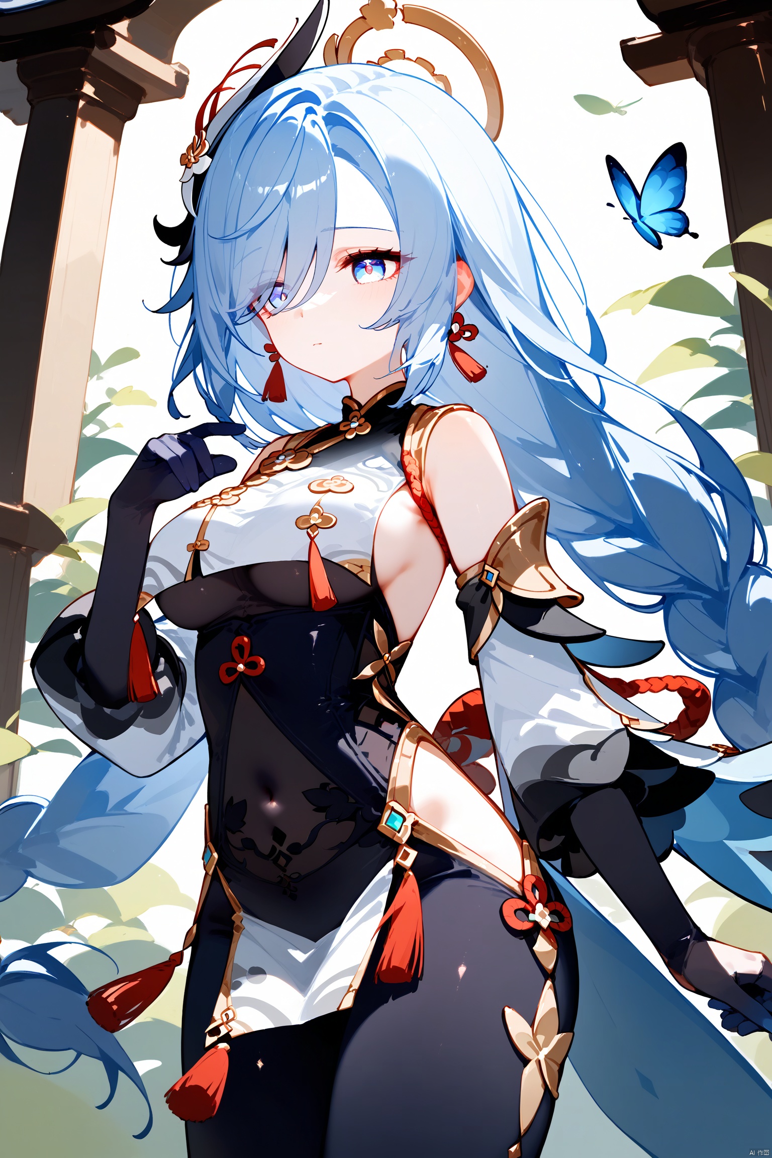 score_9,score_8_up,score_7_up,1girl,absurdres,bare_shoulders,black_bodysuit,black_gloves,blue_butterfly,blue_eyes,breast_curtain,calamity_queller_\(genshin_impact\),closed_mouth,covered_navel,expressionless,eyelashes,eyes_visible_through_hair,floating_hair,gold_trim,hair_between_eyes,hair_ornament,hair_over_one_eye,hand_up,highres,hip_vent,kuji-in,looking_to_the_side,low-braided_long_hair,low-tied_long_hair,shenhe_\(genshin_impact\),sidelocks,single_braid,single_earring,solo,swept_bangs,tassel_earrings,thighs,very_long_hair,white_hair,