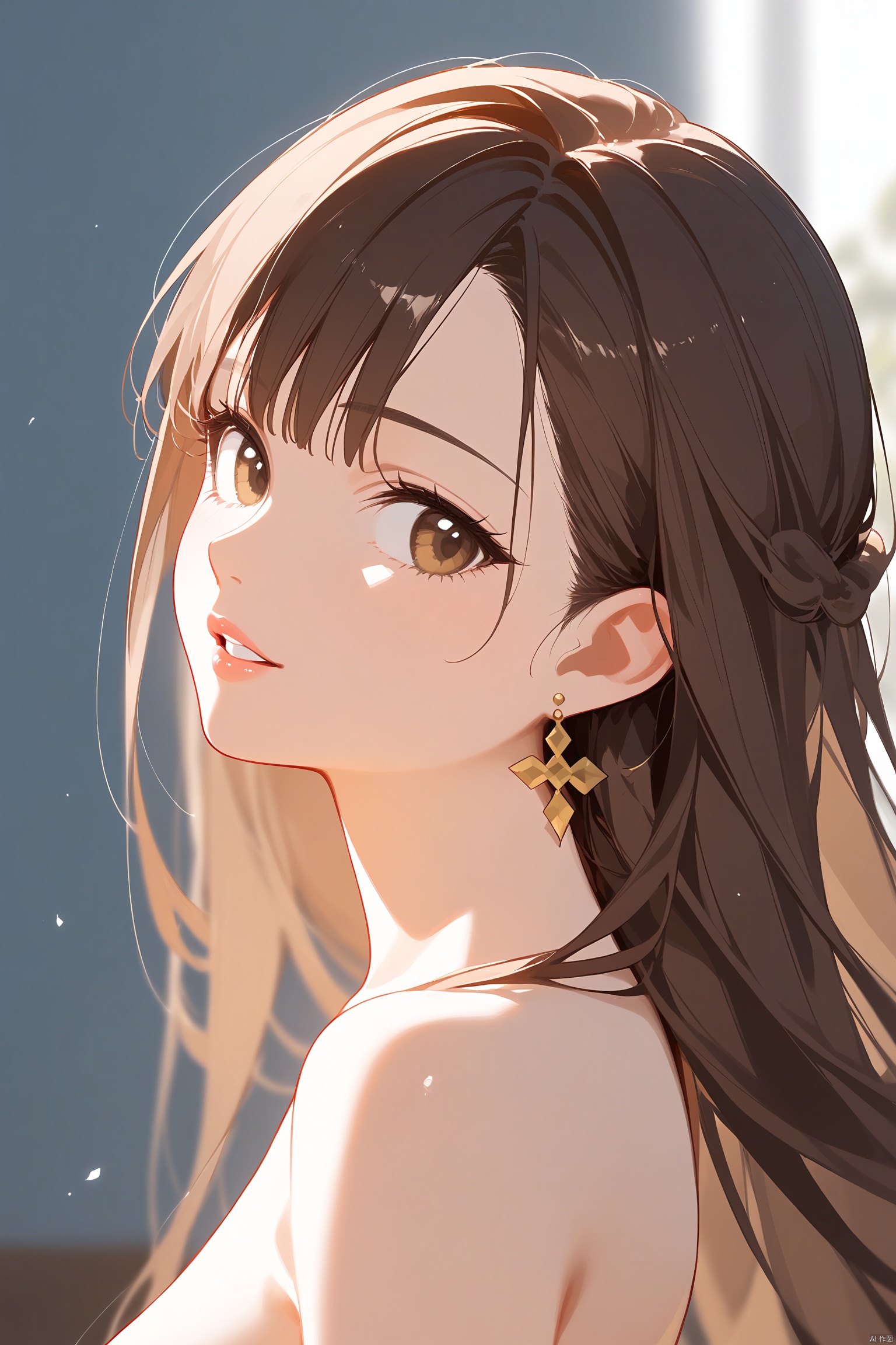 score_9, score_8_up, score_7_up, score_6_up, score_5_up, score_4_up, anime_source, anime_coloring, masterpiece, best quality, official art, official style, game cg, megami magazine, rating_safe,BREAK,1girl, solo, long hair, looking at viewer, bangs, brown hair, brown eyes, jewelry, upper body, nude, earrings, parted lips, teeth, blurry, from side, lips, looking to the side, blurry background, sunlight, 