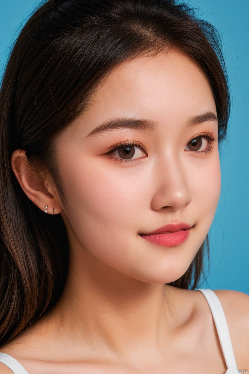 1girl, solo, looking at viewer, smile,  brown hair,  brown eyes, jewelry, closed mouth, upper body, earrings, lips, blue background, portrait, realistic, nose, jiaxin