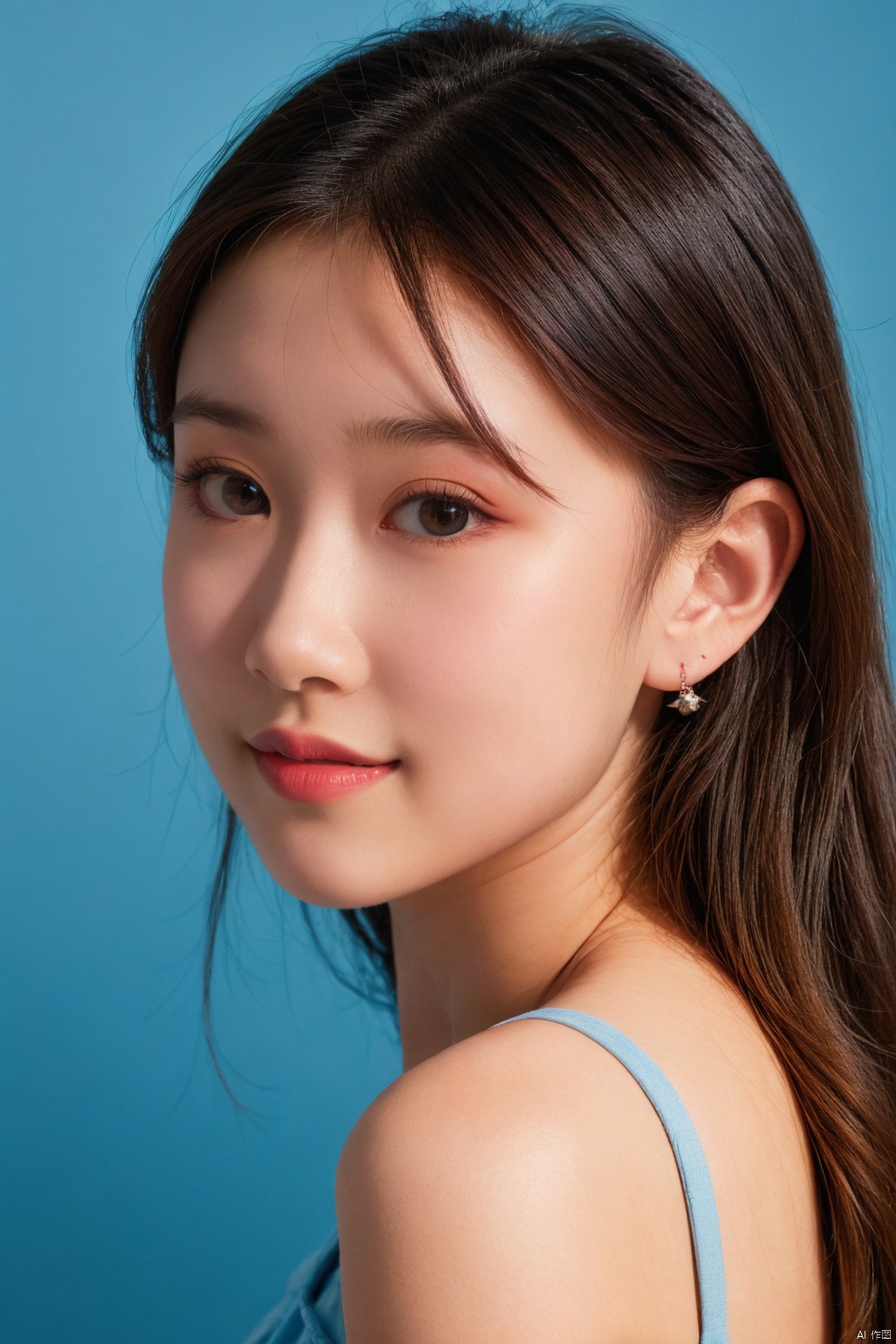 1girl, solo, looking at viewer, smile,  brown hair,  brown eyes, jewelry, closed mouth, upper body, earrings, lips, blue background, portrait, realistic, nose, jiaxin