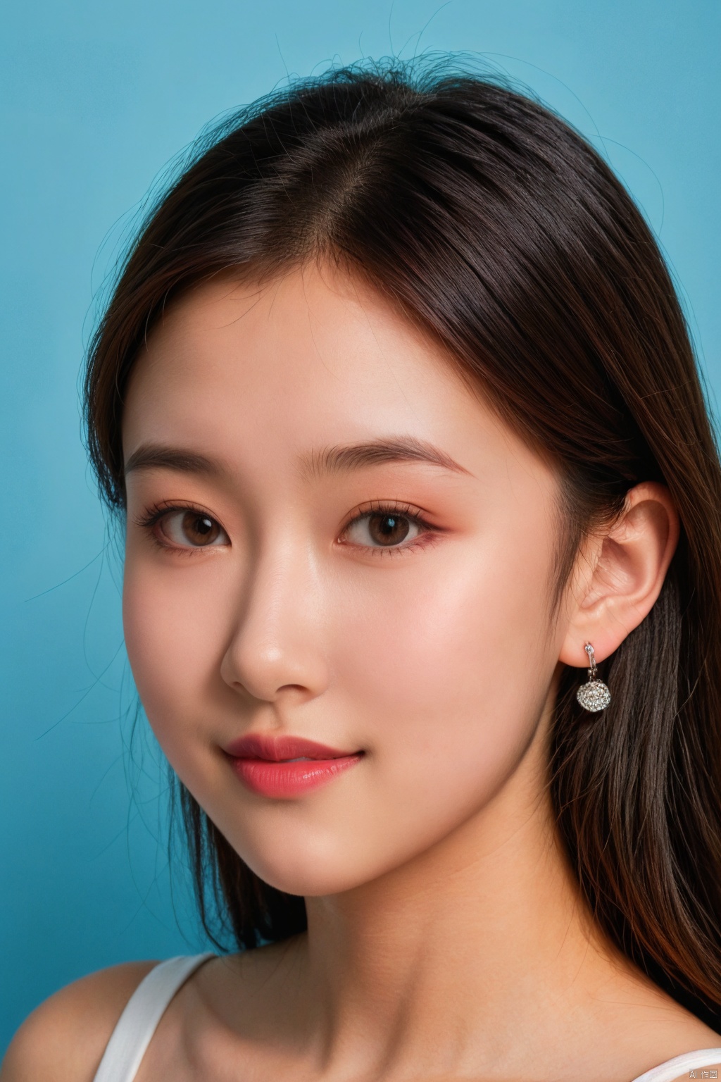 1girl, solo, looking at viewer, smile,  brown hair,  brown eyes, jewelry, closed mouth, upper body, earrings, lips, blue background, portrait, realistic, nose, jiaxin