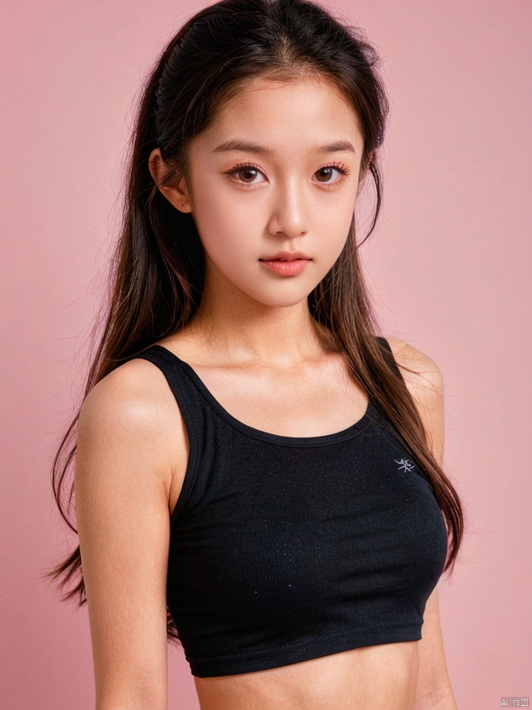 female child,pink_background, 1girl, solo, long_hair, lips, realistic, gradient_background, gradient, crop_top, black_hair, upper_body, sleeveless, brown_eyes, shirt, looking_at_viewer, midriff