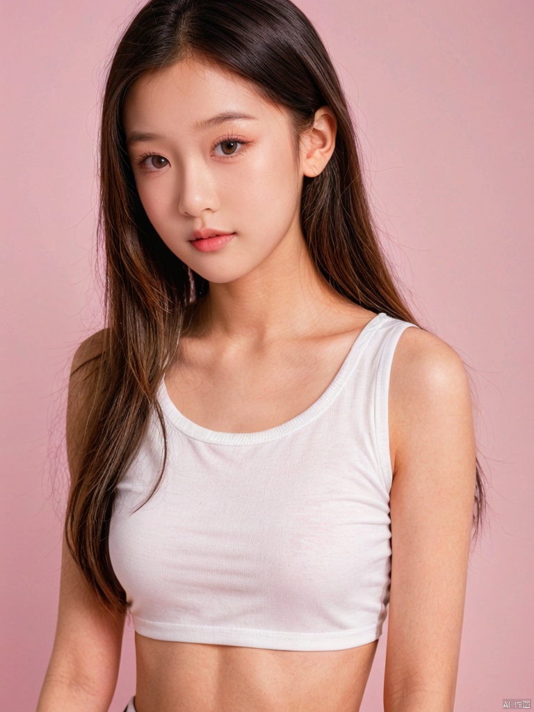 female child,pink_background, 1girl, solo, long_hair, lips, realistic, gradient_background, gradient, crop_top, black_hair, upper_body, sleeveless, brown_eyes, shirt, looking_at_viewer, midriff