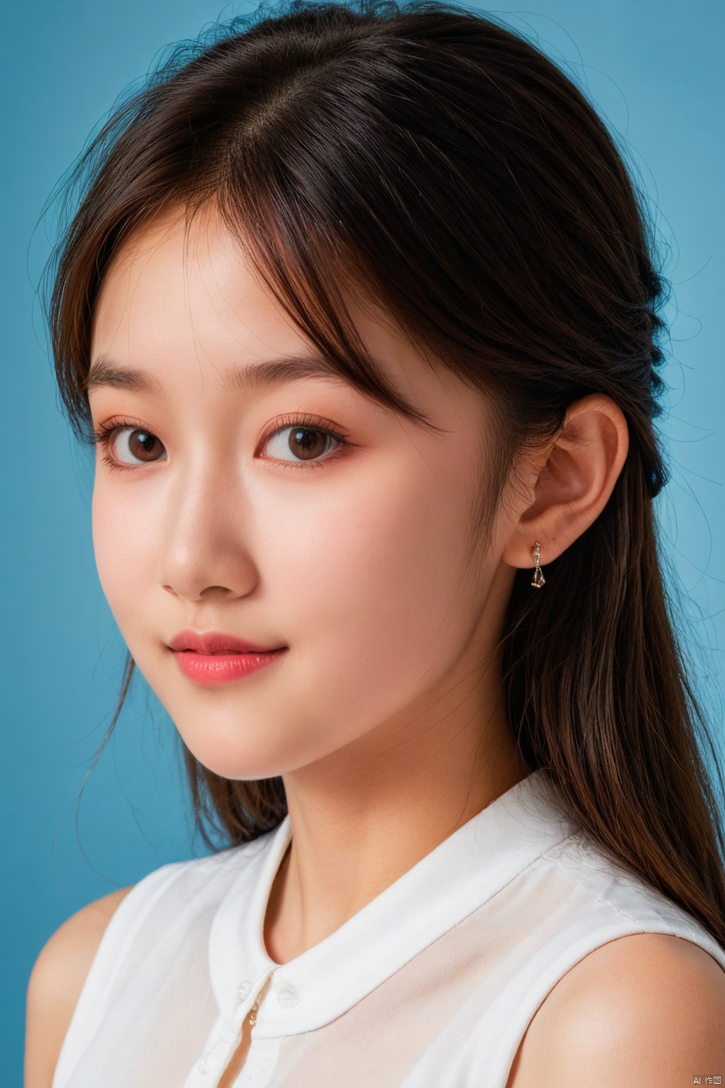 1girl, solo, looking at viewer, smile,  brown hair,  brown eyes, jewelry, closed mouth, upper body, earrings, lips, blue background, portrait, realistic, nose, jiaxin
