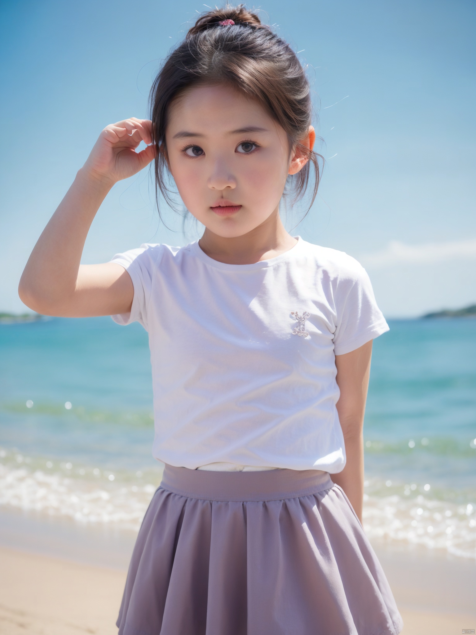 female child,1girl, skirt, blue_sky, solo, sky, blue_background, day, shirt, short_sleeves, pleated_skirt, brown_eyes, lips
