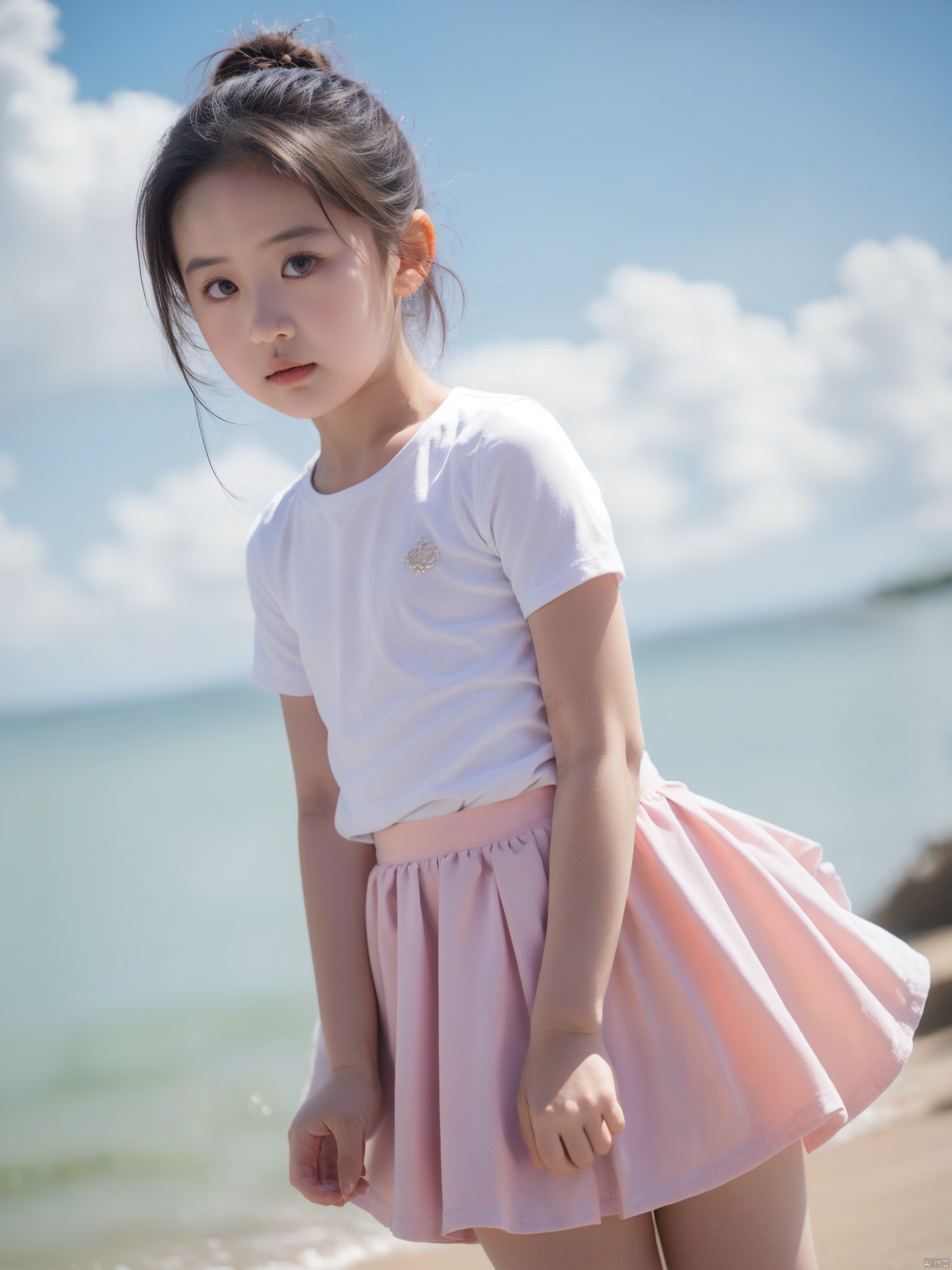 female child,1girl, skirt, blue_sky, solo, sky, blue_background, day, shirt, short_sleeves, pleated_skirt, brown_eyes, lips
