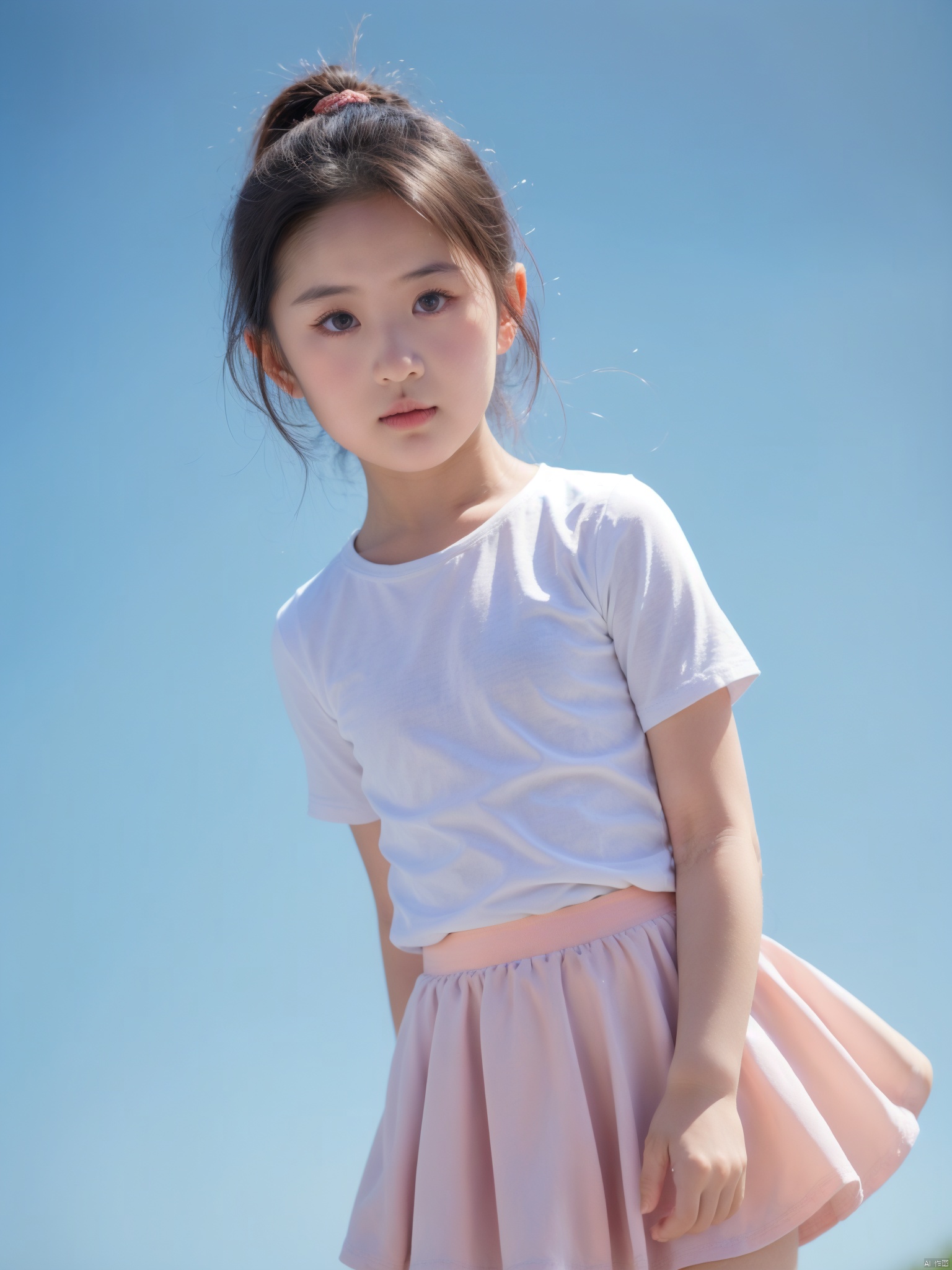 female child,1girl, skirt, blue_sky, solo, sky, blue_background, day, shirt, short_sleeves, pleated_skirt, brown_eyes, lips
