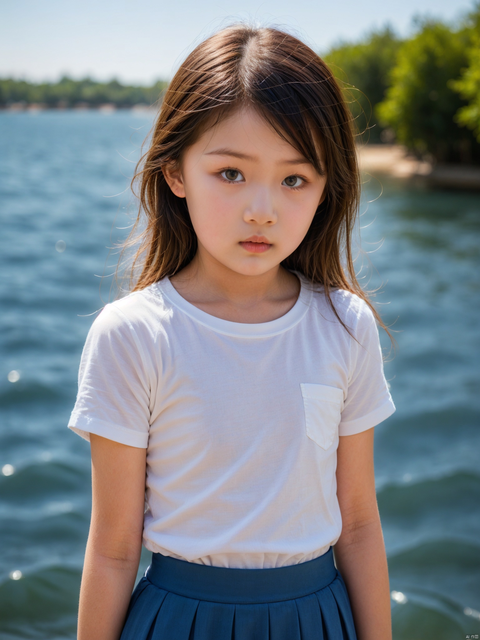 female child,1girl, skirt, blue_sky, solo, sky, blue_background, day, shirt, short_sleeves, pleated_skirt, brown_eyes, lips
