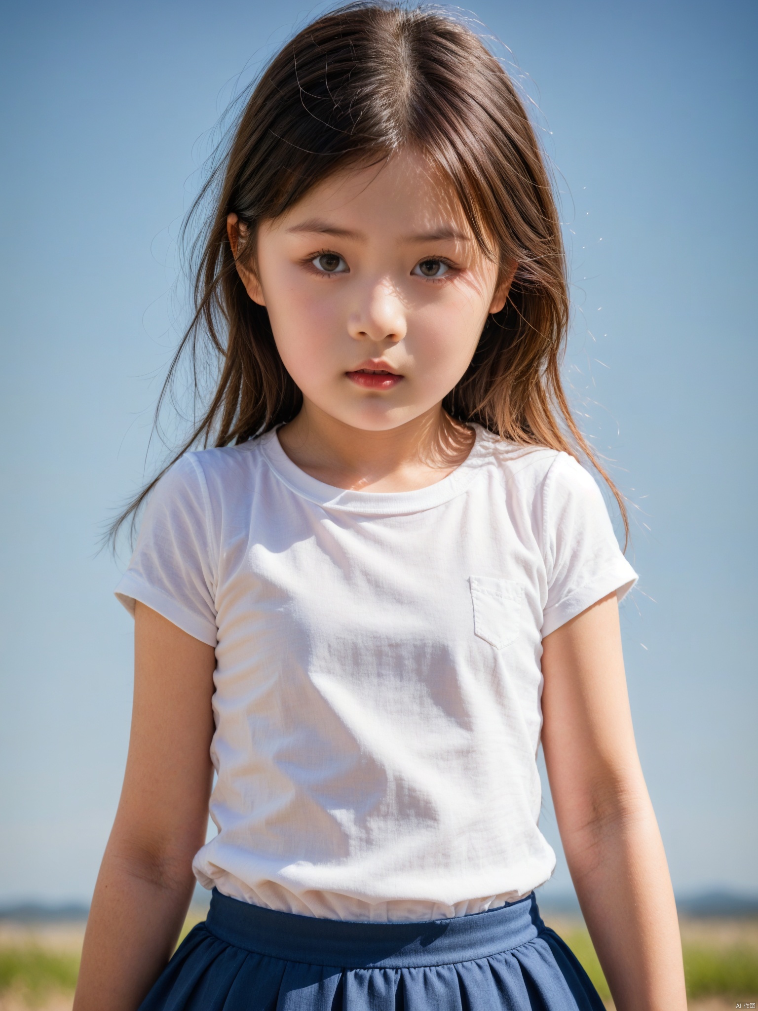 female child,1girl, skirt, blue_sky, solo, sky, blue_background, day, shirt, short_sleeves, pleated_skirt, brown_eyes, lips
