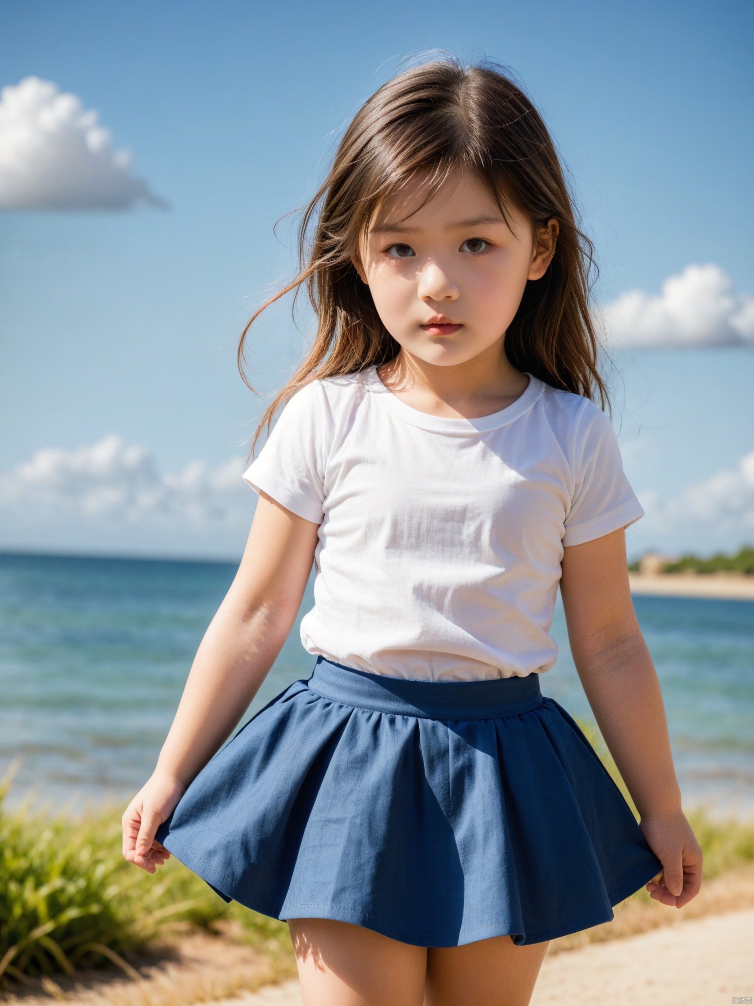 female child,1girl, skirt, blue_sky, solo, sky, blue_background, day, shirt, short_sleeves, pleated_skirt, brown_eyes, lips

