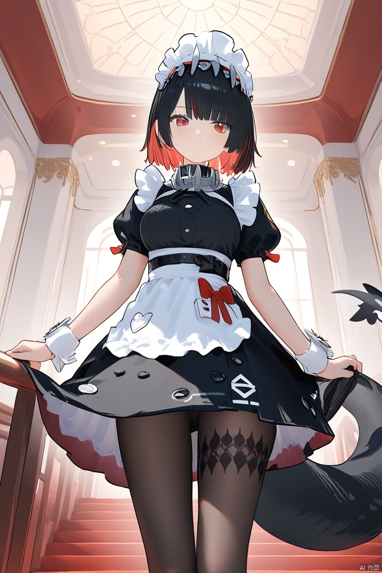 1girl,solo,(masterpiece:1.3),( beautiful:1.2),(high quality:1.2),(finely detailed:1.2),extremely detailed cg unity 8k wallpaper,best quality,a very delicate and beautiful,perfect fingers,(one cute girl at the center:1.2),

1girl, solo, breasts, looking at viewer, short hair, bangs, medium breasts, black hair, red eyes, dress, standing, cowboy_shot, pink hair, short sleeves,  pantyhose, red hair, multicolored hair, frills, puffy sleeves, indoors, black footwear, apron, black dress, high heels, two-tone hair, wrist cuffs, black pantyhose, maid, maid headdress, white apron, maid apron, ((black tail))