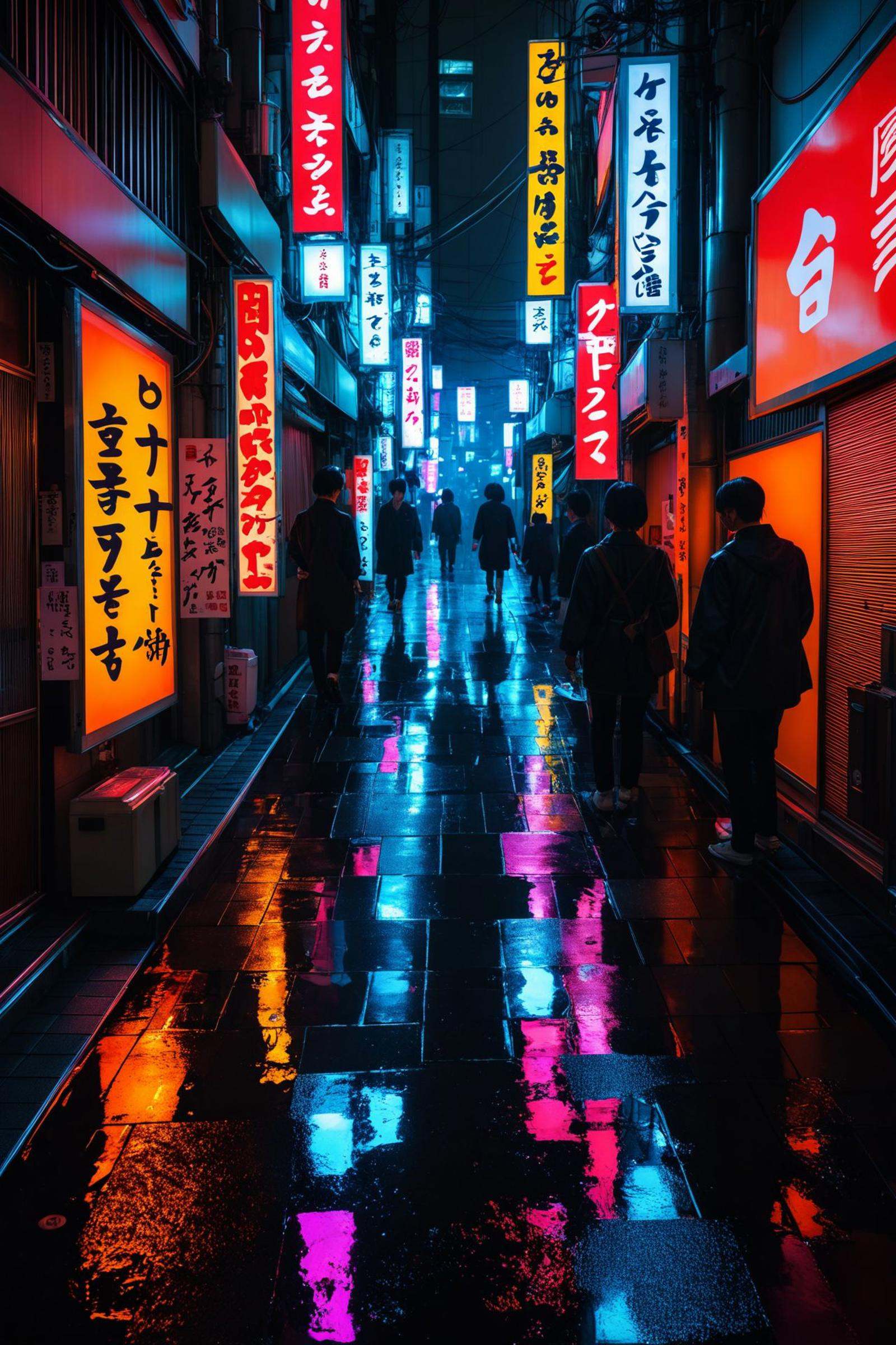 Neon-lit alleyway in Tokyo,  bustling with people,  vibrant signs and billboards on Tensor.Art