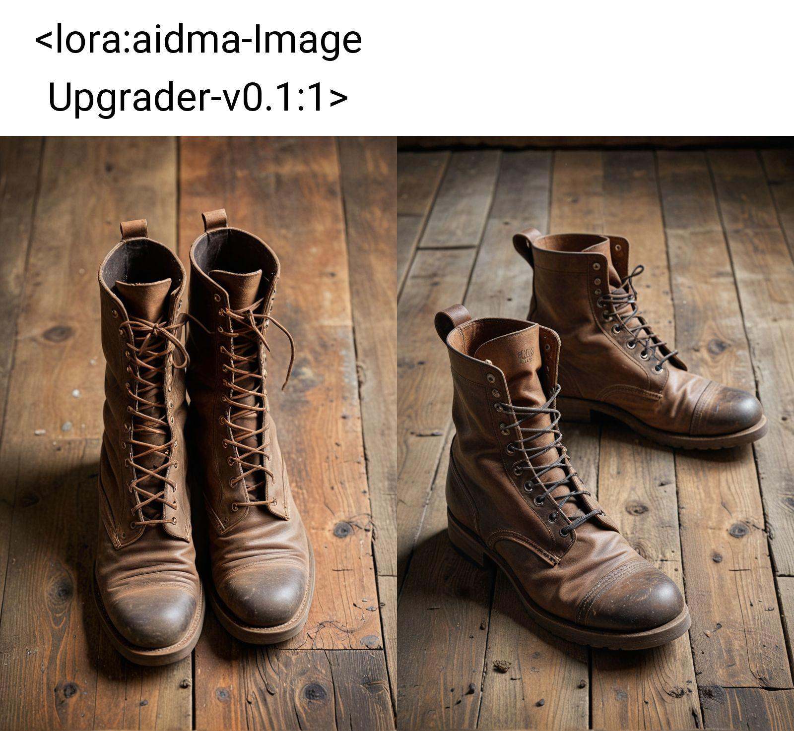 A close-up of a pair of vintage leather boots,  worn and weathered,  standing on a dusty wooden floor on Tensor.Art