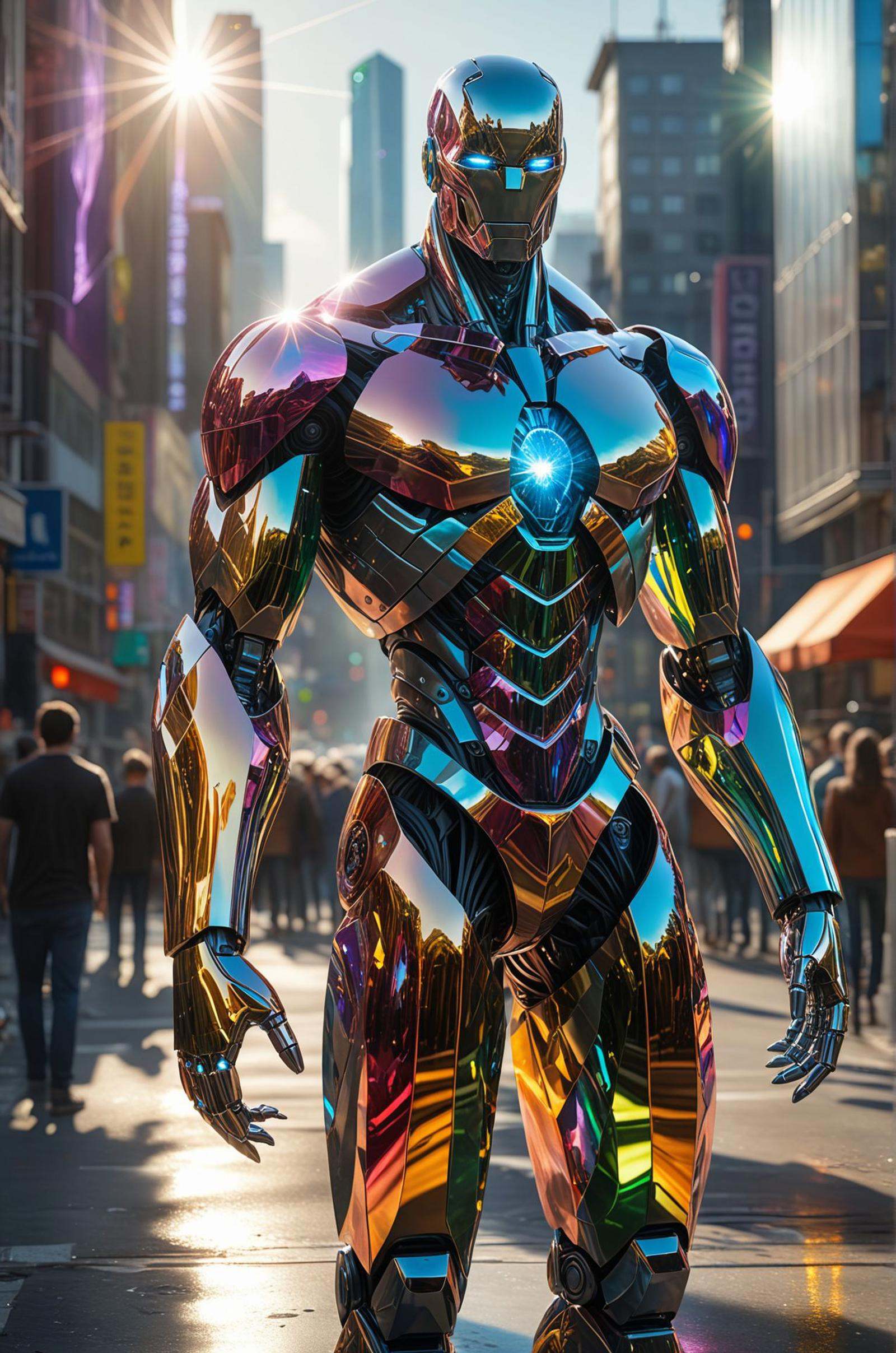 hyper realistic,  a colossal humanoid figure made of crystal,  standing in the middle of a bustling city on Tensor.Art