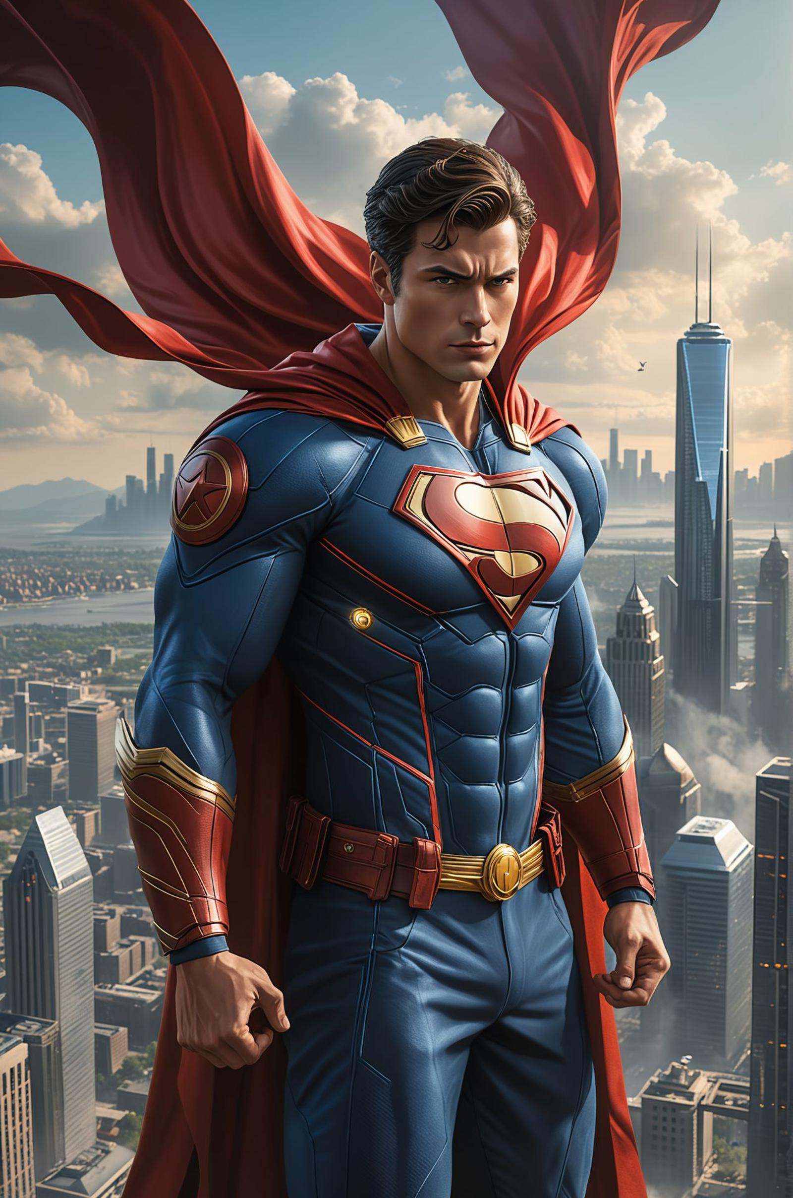 A heroic superhero with a flowing cape and emblem on his chest,  flying over a modern city skyline,  ready to save the day...