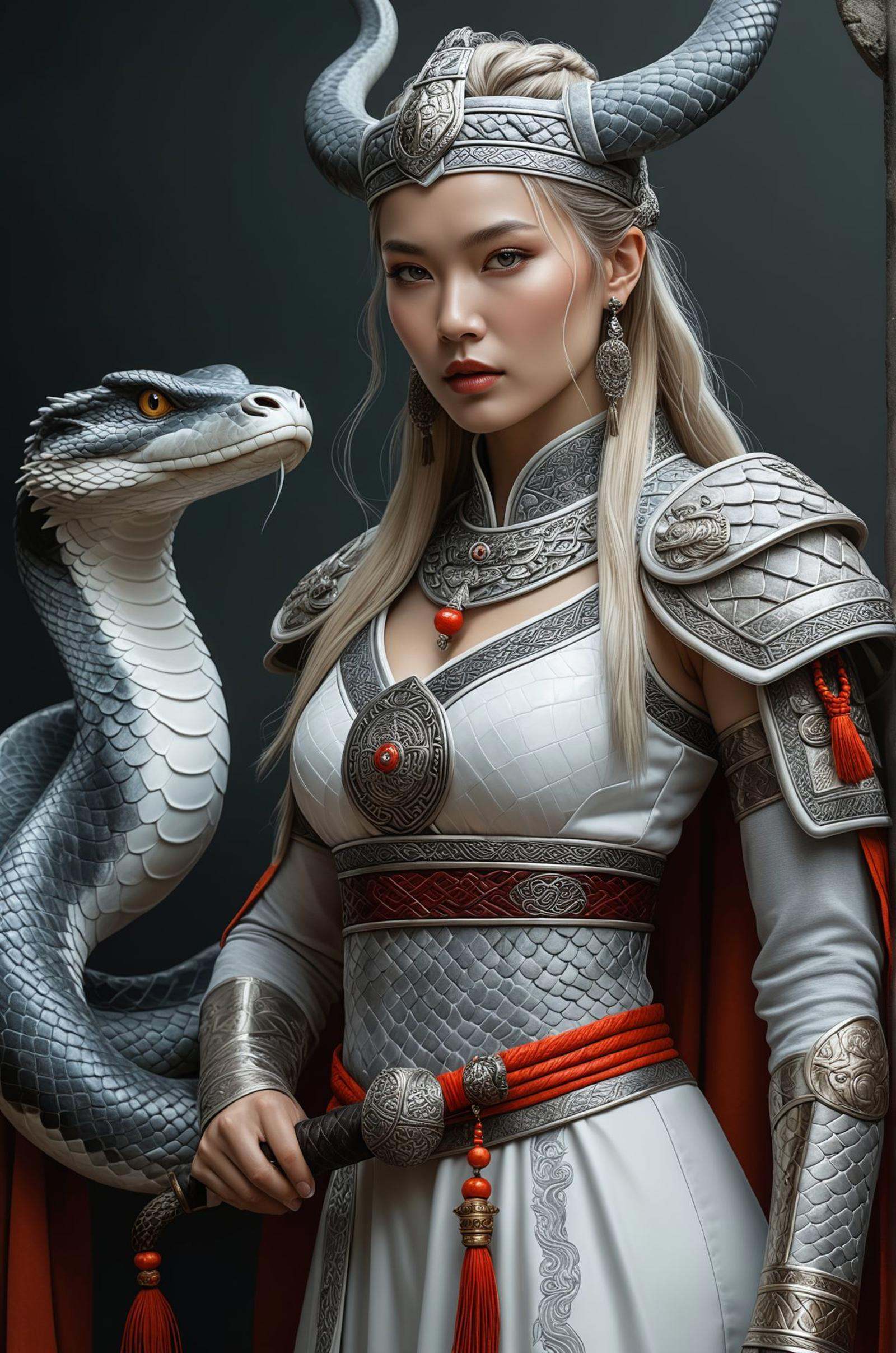A beautiful Viking woman,  surrounded by a formidable python and featuring traditional attire from the Song Dynasty in Chi...