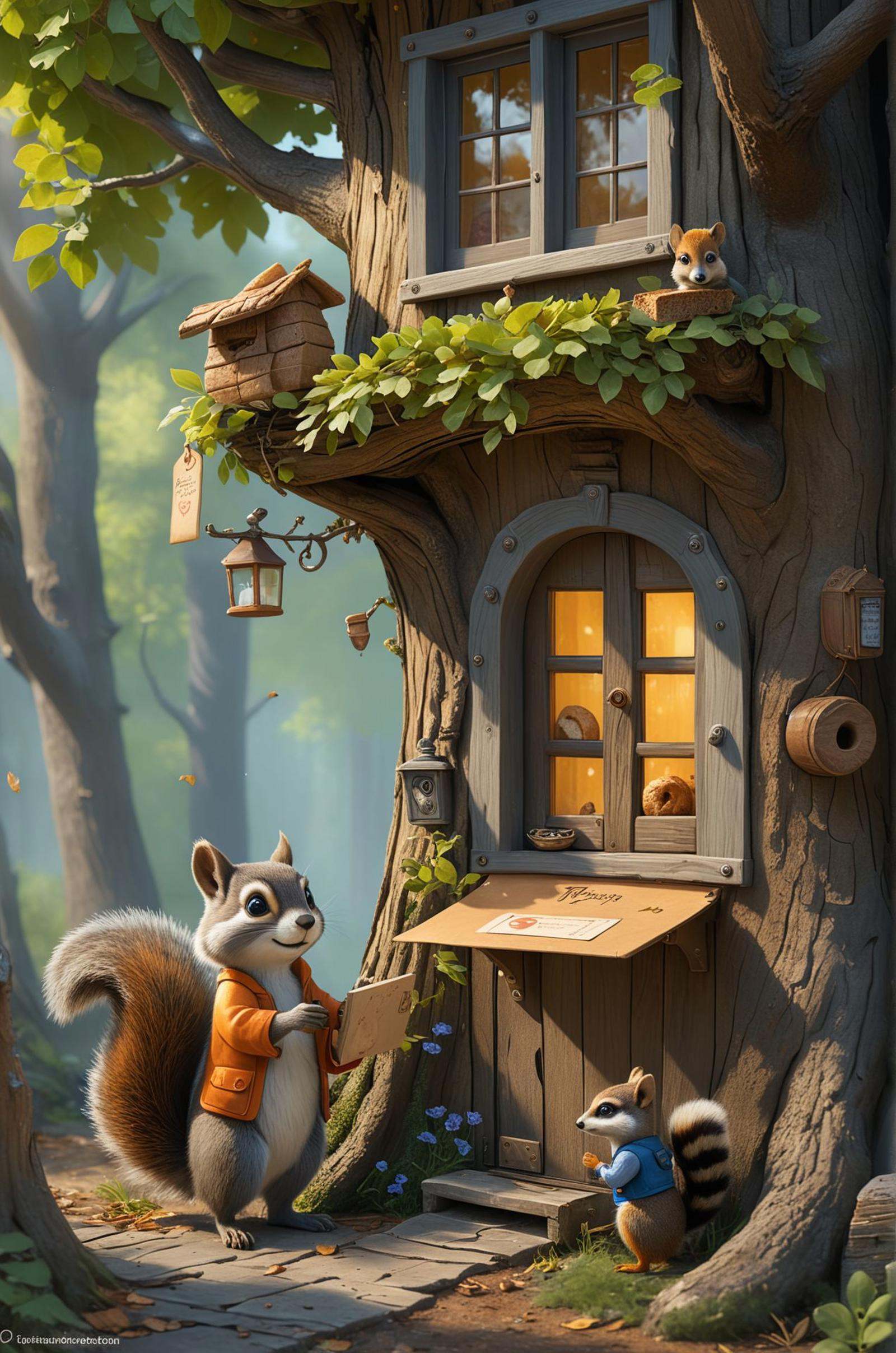 A magical forest scene with trees that have doors and windows,  inhabited by woodland creatures wearing tiny clothes,  a s...