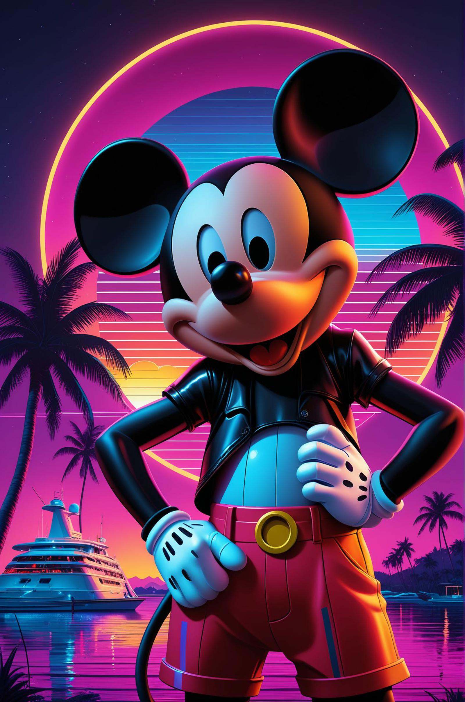 Mickey Mouse in a glamorous synthwave 80s Miami Style ,  (masterpiece,  award winning artwork)Trending on Artstation on Te...