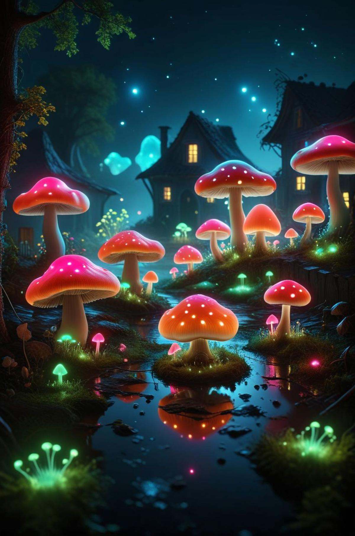 surreal,  a village where houses are made of giant mushrooms,  glowing softly at night on Tensor.Art
