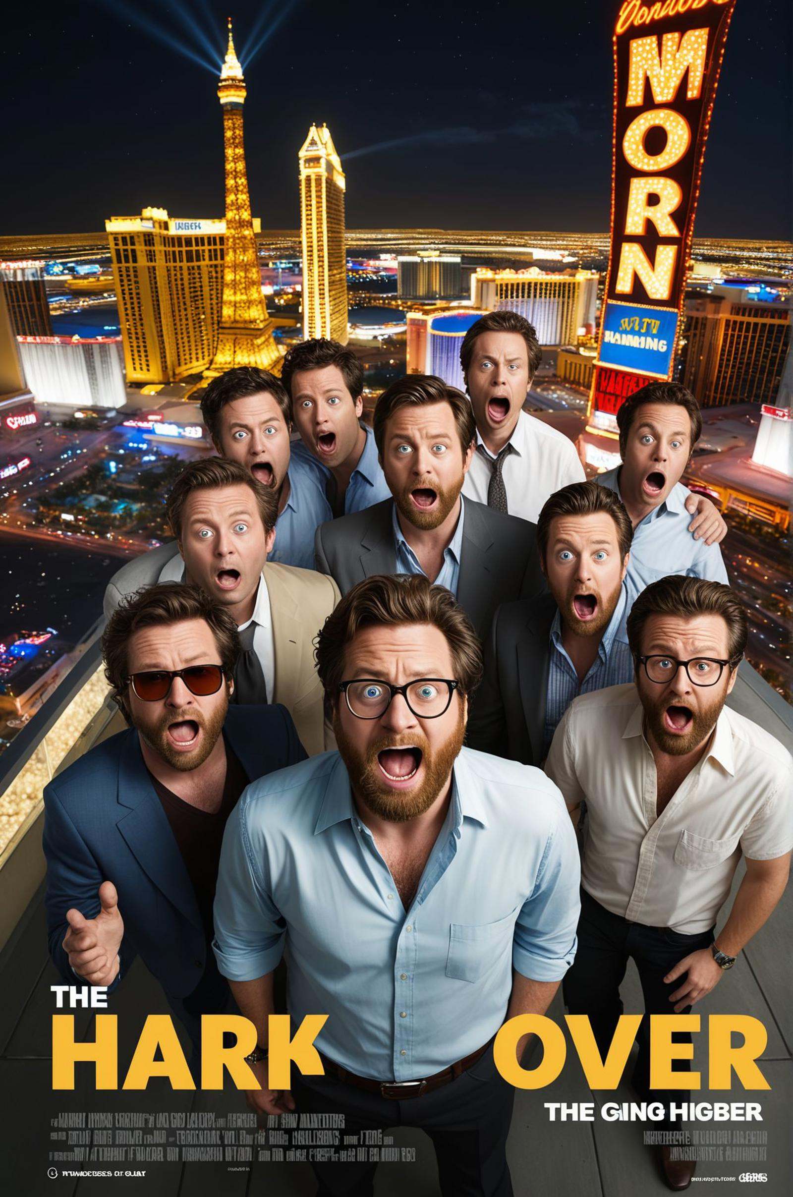 The Hangover poster with big (crazy,  comedic style text) On the rooftop of a Las Vegas hotel,  a group of disheveled frie...