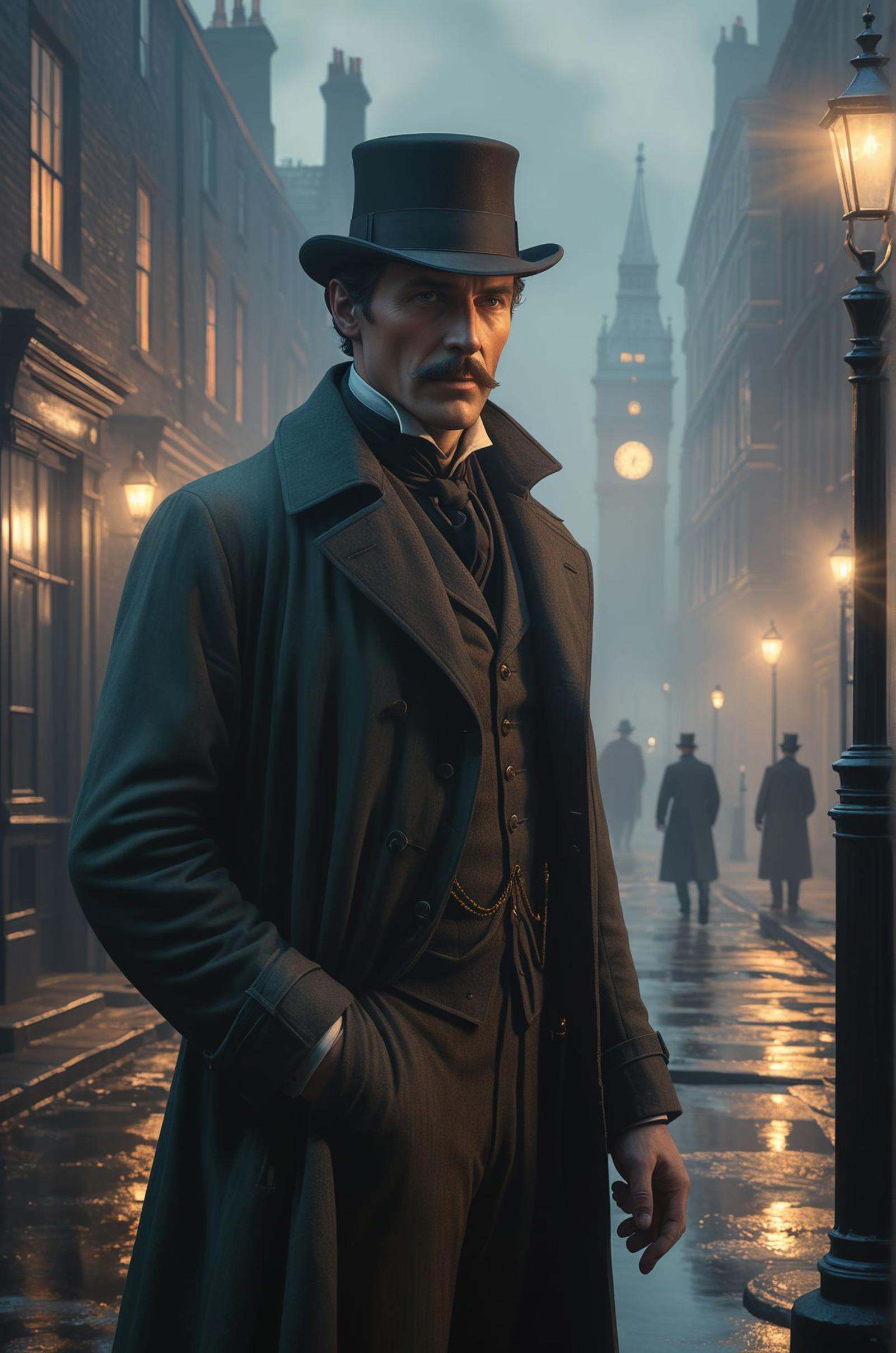 A ghostly Victorian-era detective in a foggy London street,  with an ethereal glow surrounding him,  solving a mystery onl...