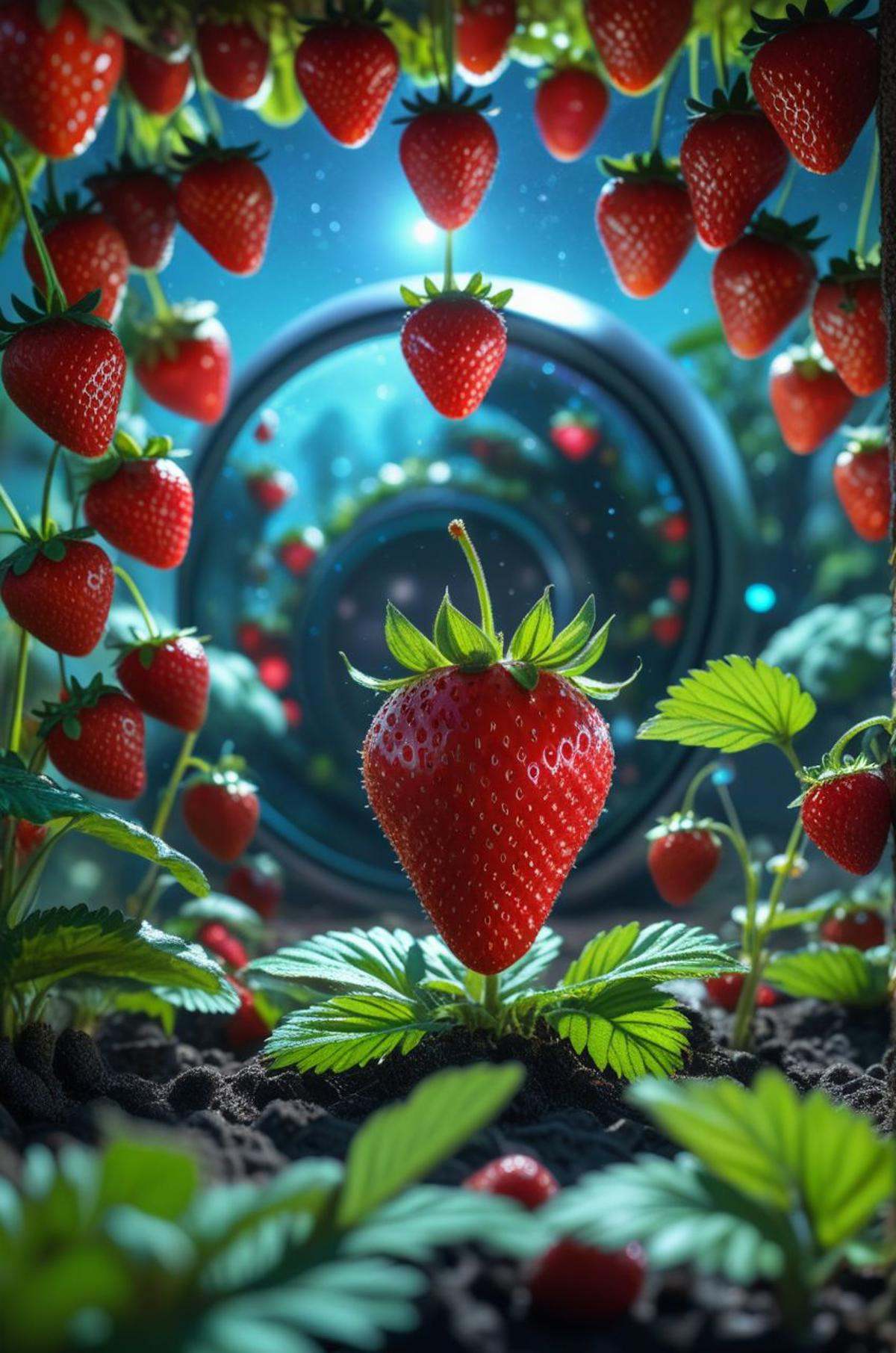 giant floating strawberry,  inhabited by tiny alien farmers,  futuristic machinery on Tensor.Art