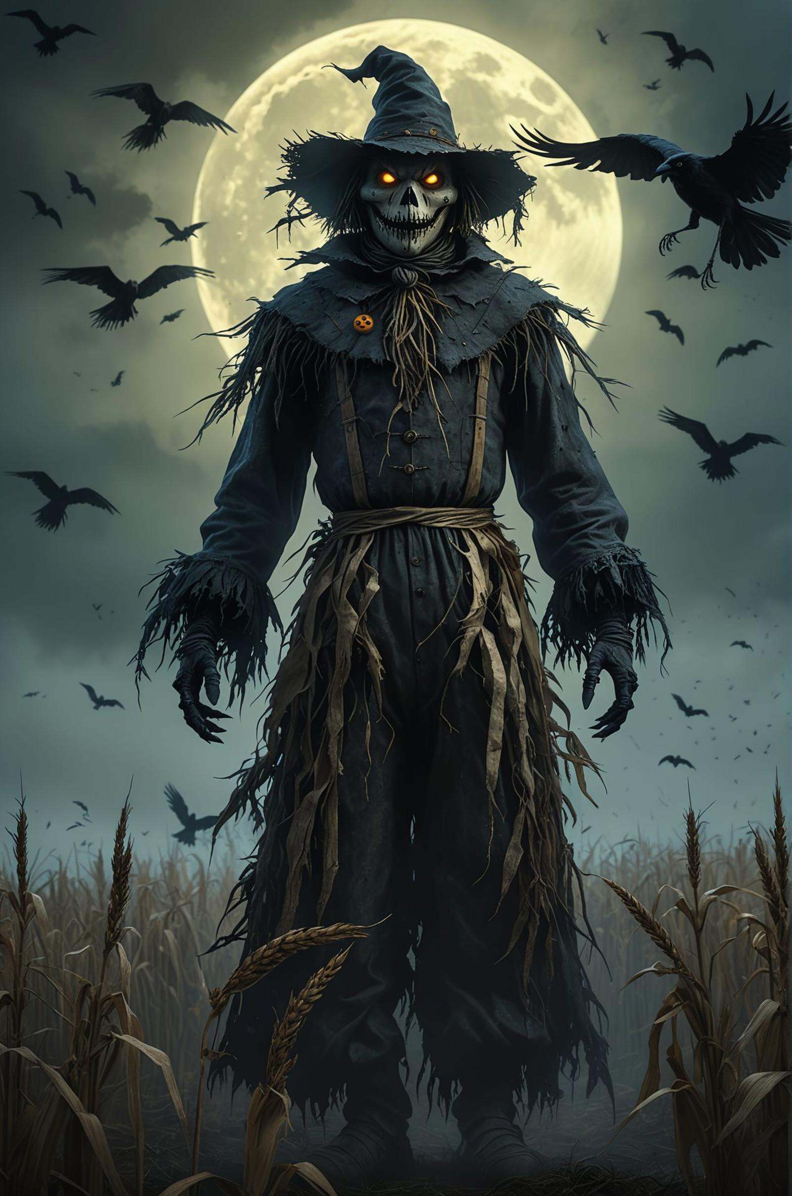 A haunted scarecrow with a twisted,  sinister face,  standing in a dark on Tensor.Art