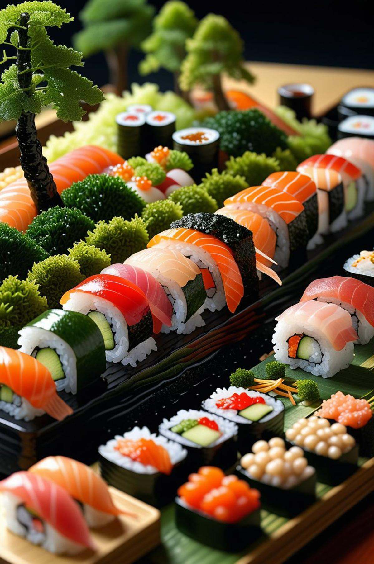The image showcases a peculiar hybrid: a sushi-train-caterpillar crawling through a giant bento box landscape. The creatur...