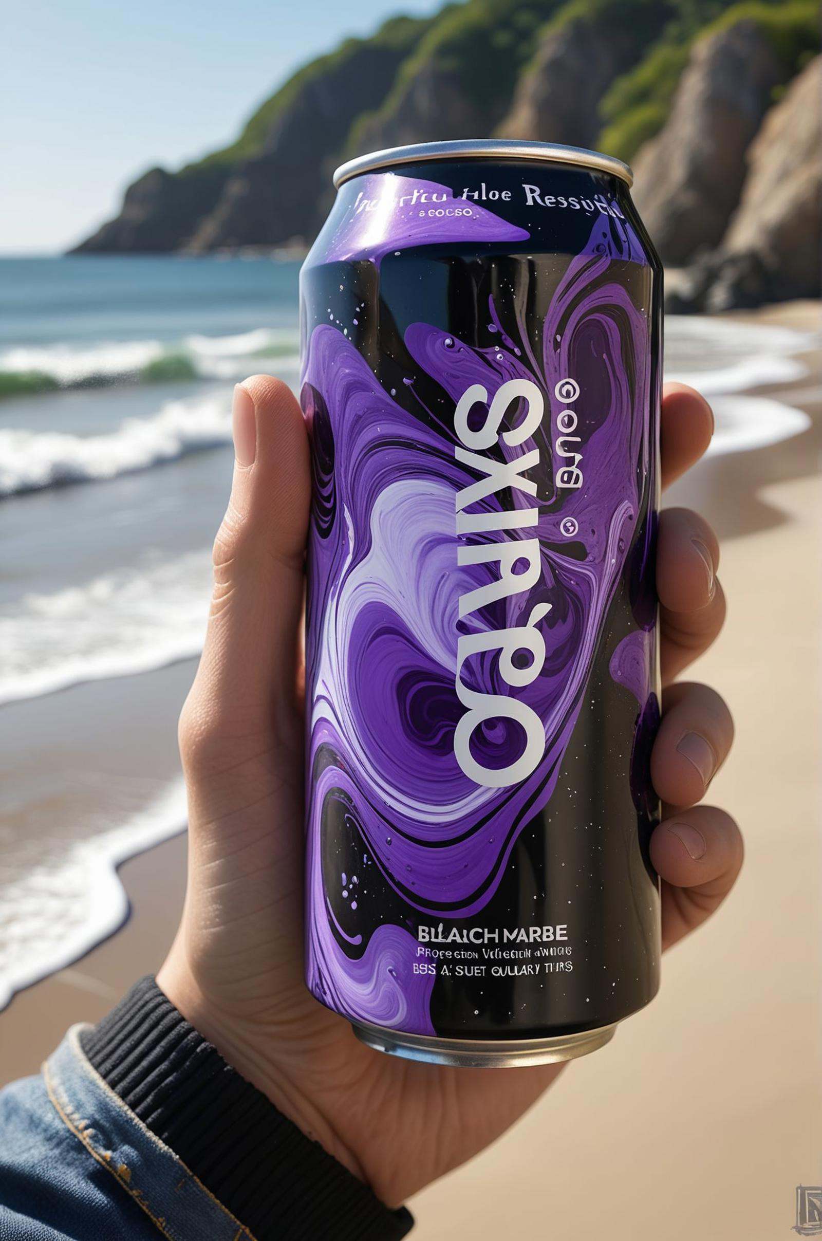 a cool person holding a [purple,  black,  liquid marble] soda can mockup on Tensor.Art