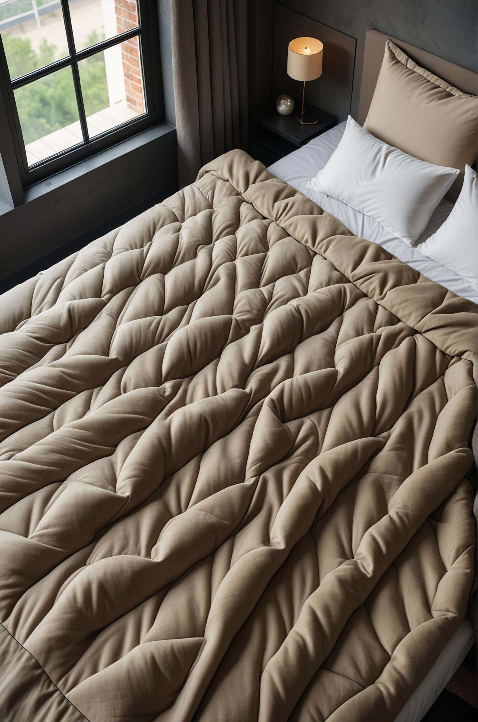 close-up macro photo of beige comforter blanket on a bed :: bed,  warm bedroom view,  tall window on Tensor.Art