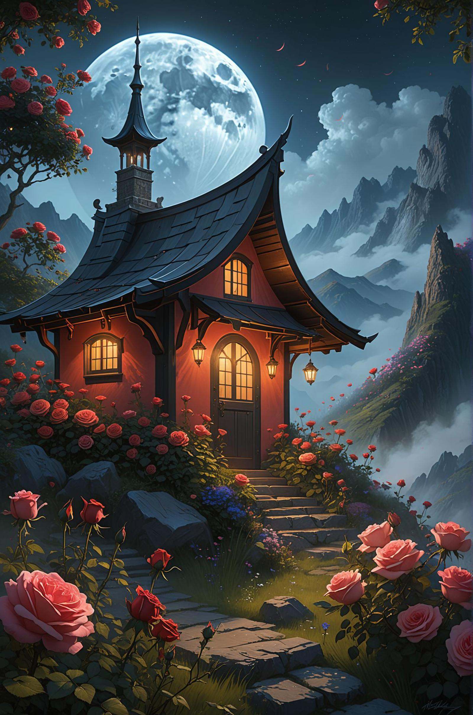 The garden scene in the sky,  roses blooming all over the mountains,  color magic collision on Tensor.Art