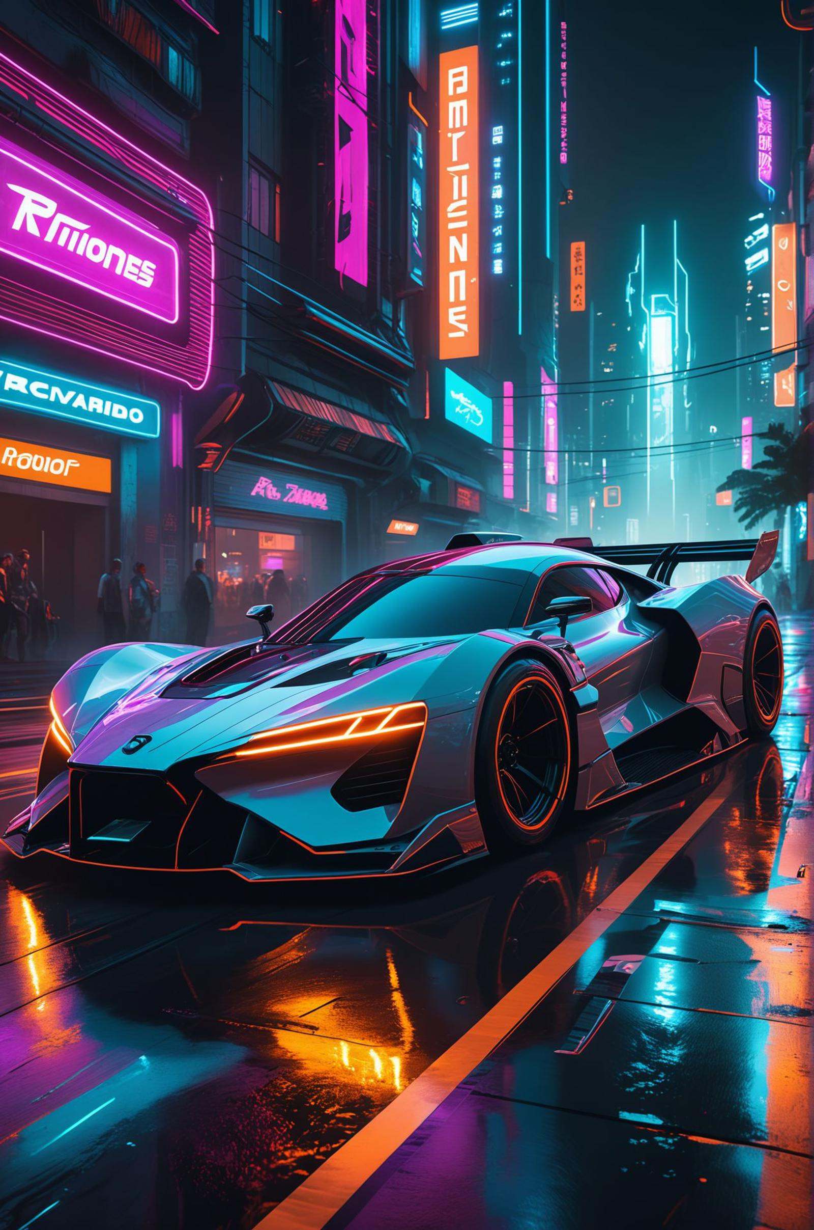 A futuristic race car driver in a sleek,  high-tech vehicle,  speeding through a neon-lit on Tensor.Art
