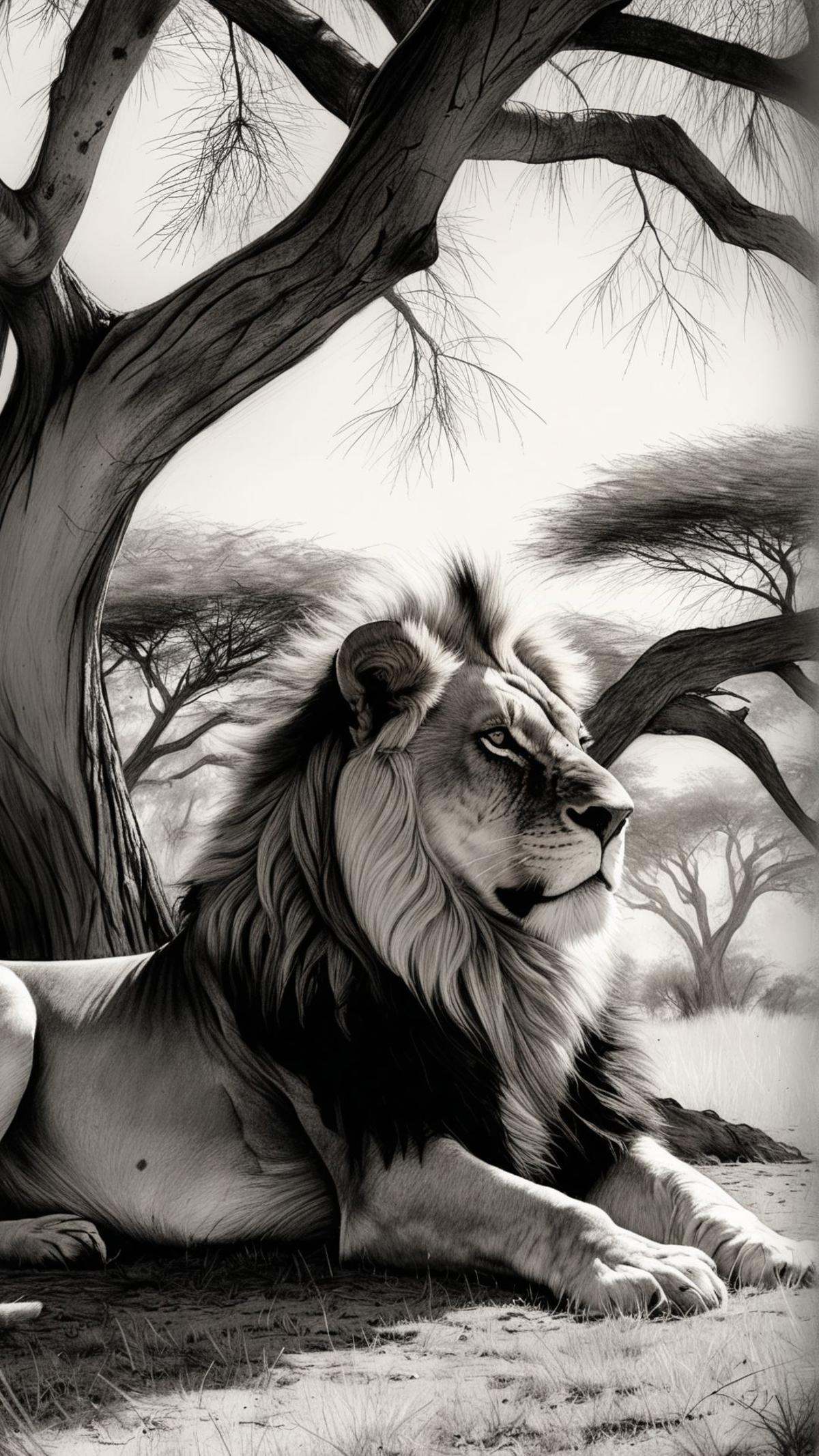 A detailed charcoal drawing of a lion resting in the shade of an acacia tree in the African savannah,  its powerful form a...
