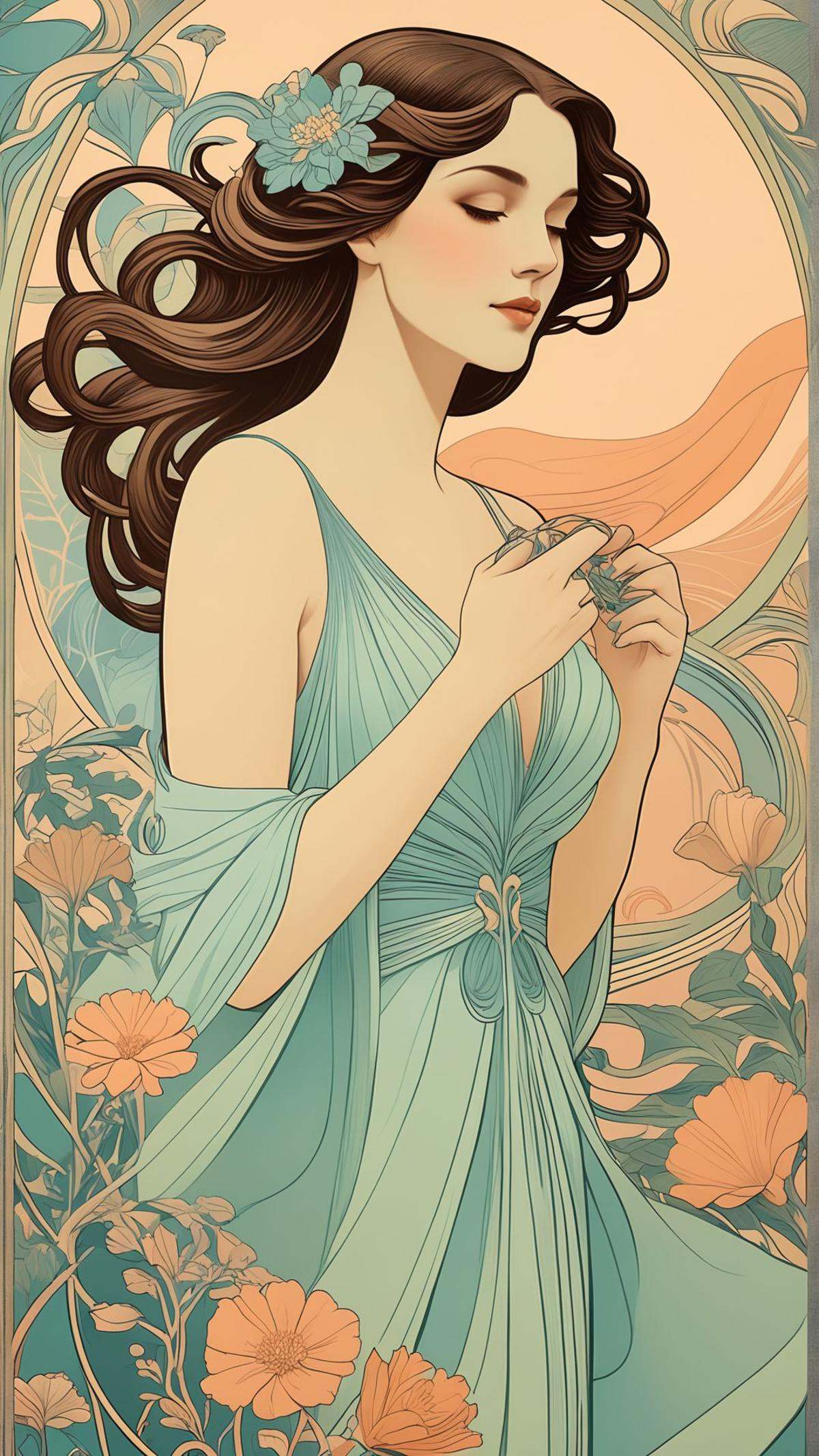art nouveau poster,  flowing lines,  elegant woman on Tensor.Art