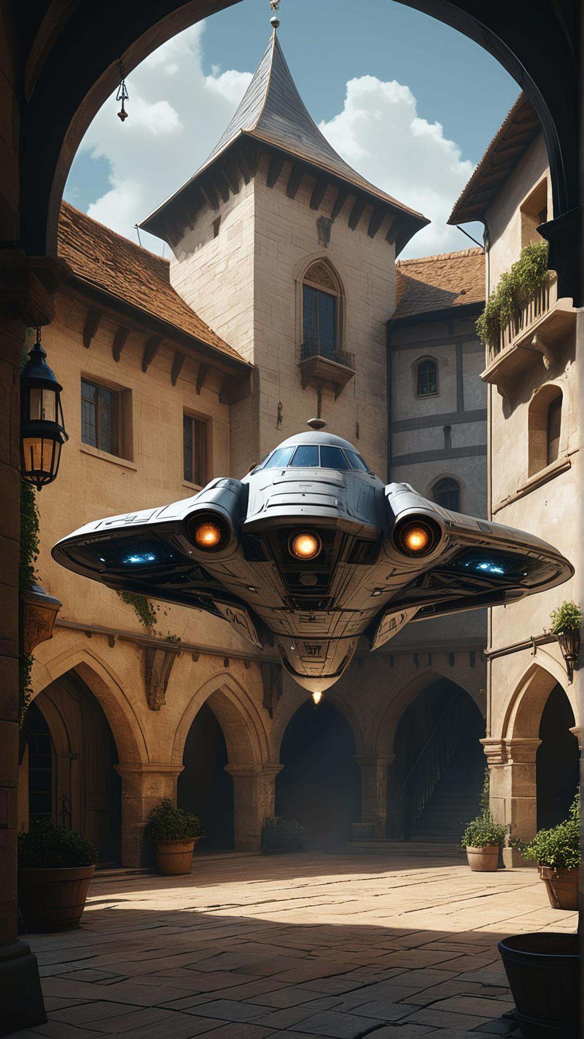 A spaceship landing in a medieval courtyard. ,  masterpiece,  best quality on Tensor.Art