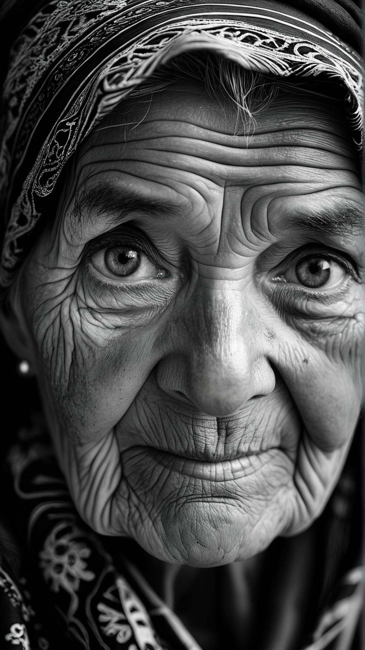 black and white portrait,  close-up of an elderly woman with deep wrinkles and piercing eyes,  weathered skin telling stor...