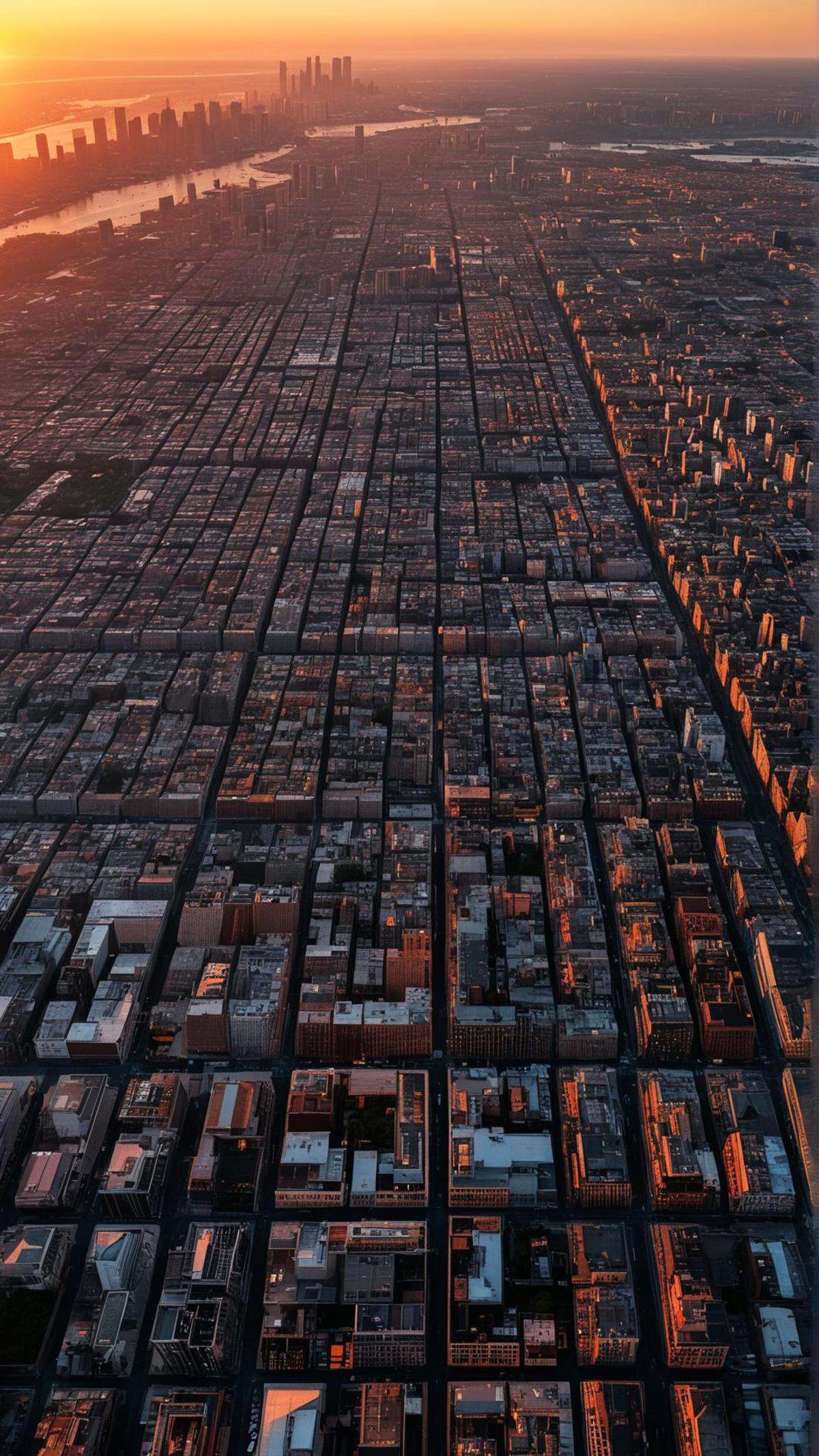 aerial photography,  sprawling cityscape,  sunset hues on Tensor.Art