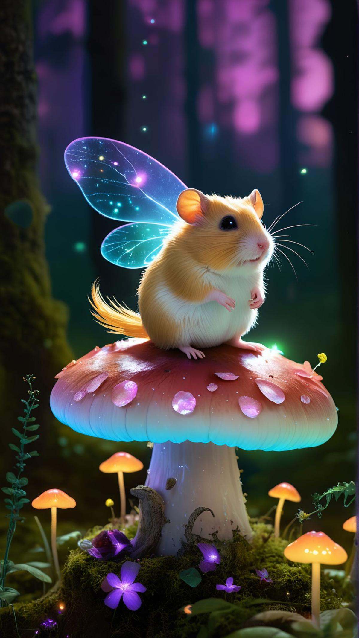 A whimsical fairy with iridescent wings,  wearing a dress made of flower petals,  sitting on a giant mushroom in an enchan...