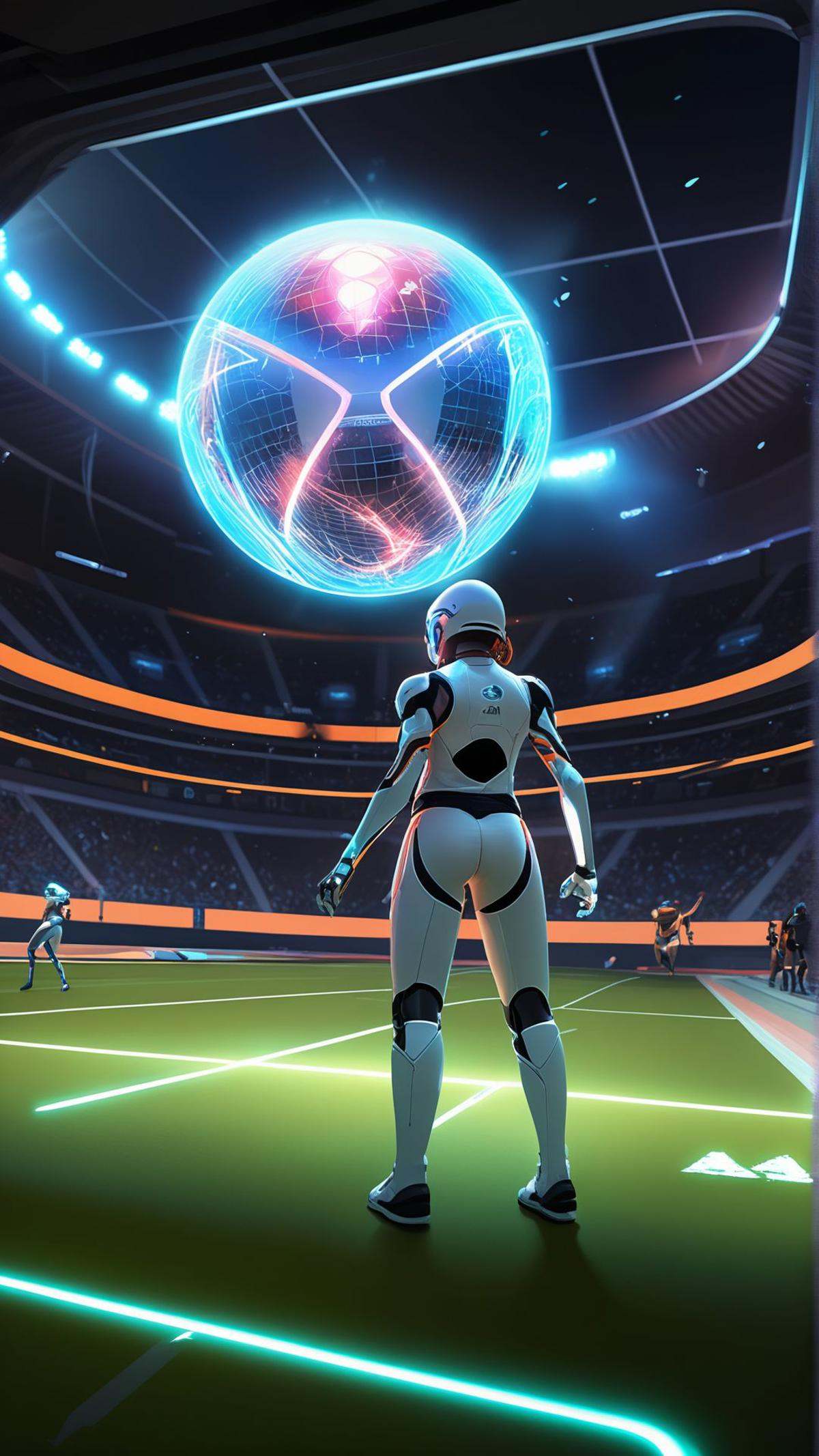 A high-energy digital artwork of a futuristic sports game,  with players in sleek,  high-tech uniforms on Tensor.Art
