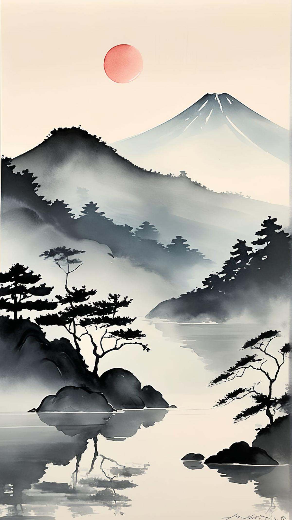 traditional Japanese ink painting,  serene landscape,  minimalist brushstrokes on Tensor.Art