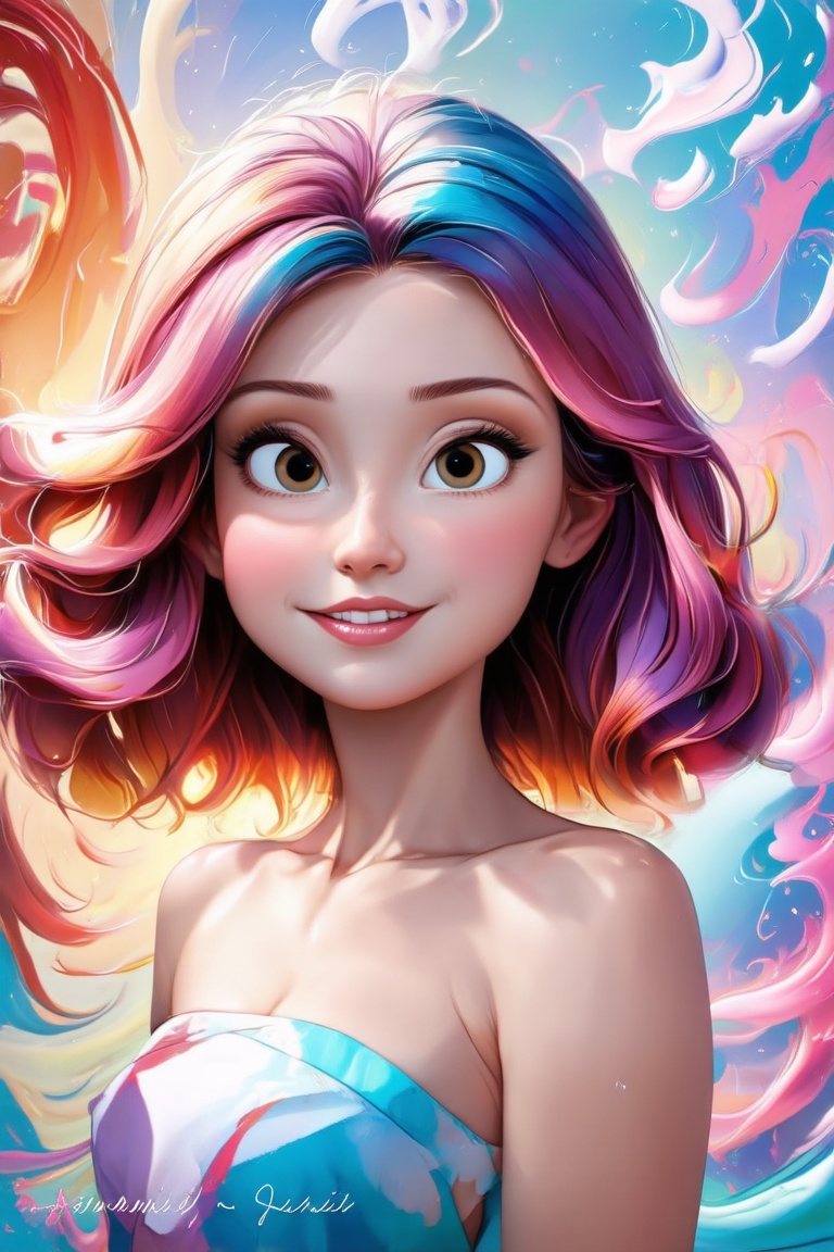 A captivating portrait of a mix colors medium hair style,  big wavy locks framing her radiant face. Behind her,  a vibrant...