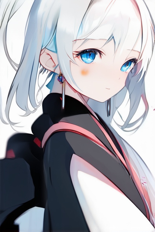 anime style,  an anime girl with white hair and blue eyes,  wearing a black kimono and earrings on her earlobes on Tensor.Art