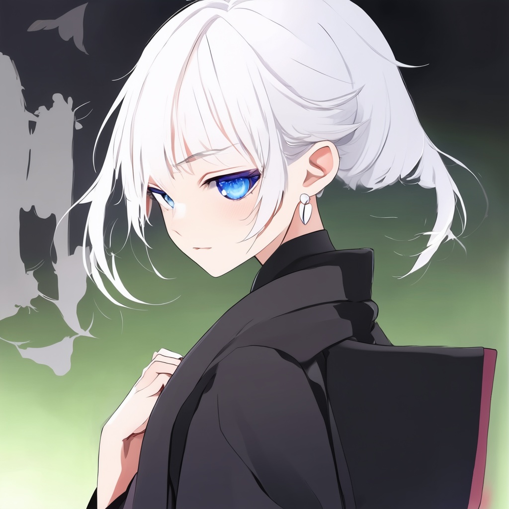 anime style,  an anime girl with white hair and blue eyes,  wearing a black kimono and earrings on her earlobes on Tensor.Art