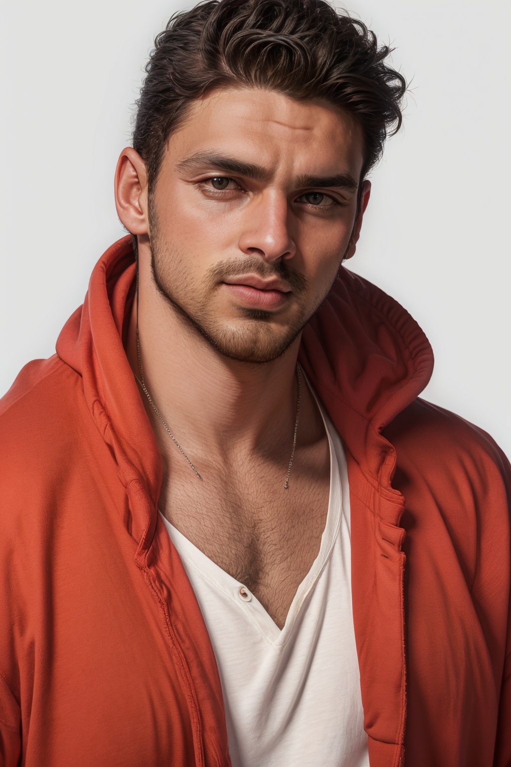 Portrait of handsome man,  simple_background,  wearing red hoodie on Tensor.Art