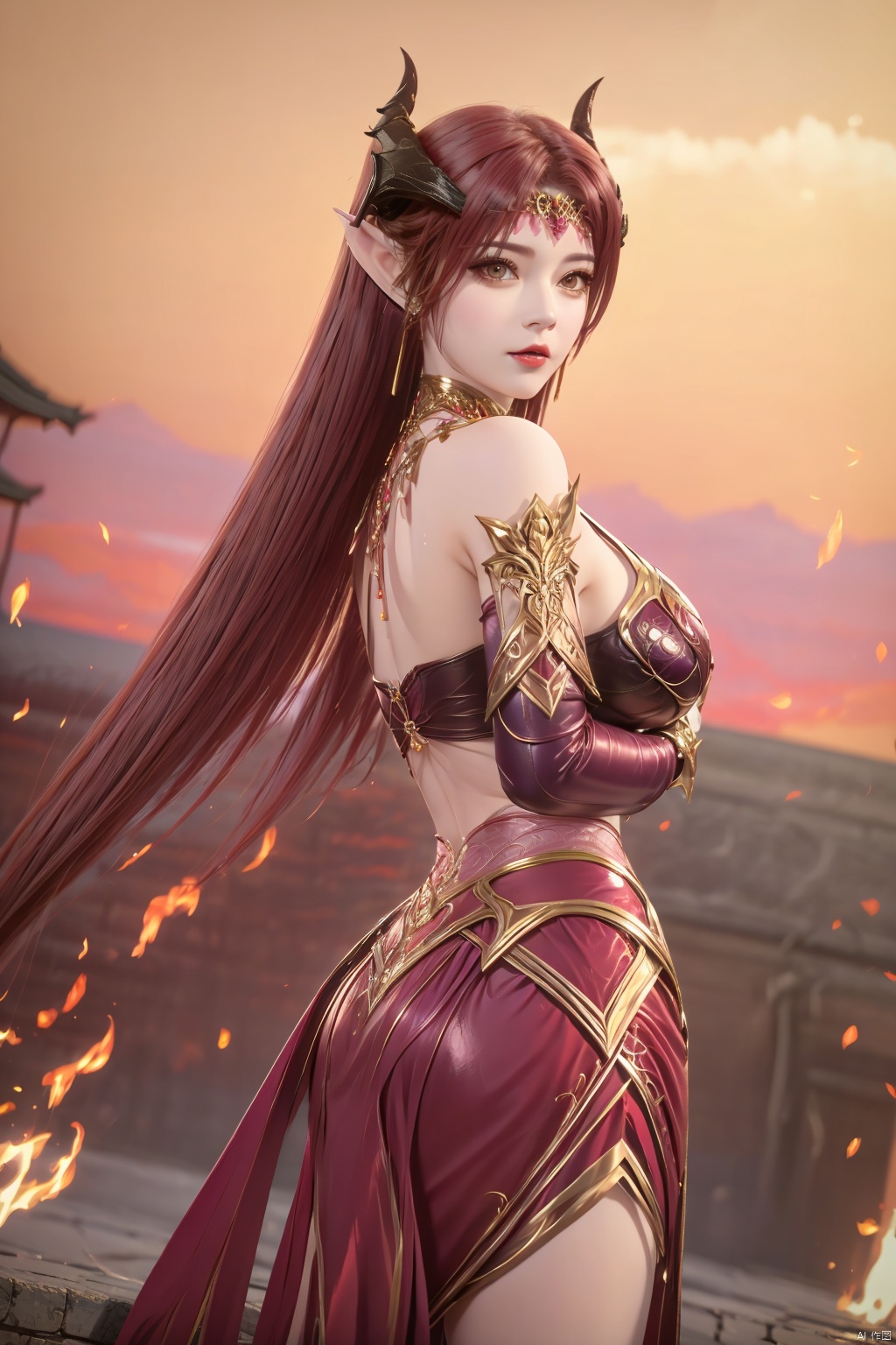 1girl, solo, long hair, breasts, looking at viewer, brown hair, hair ornament, dress, bare shoulders, red hair, horns, sky, pointy ears, looking back, fire